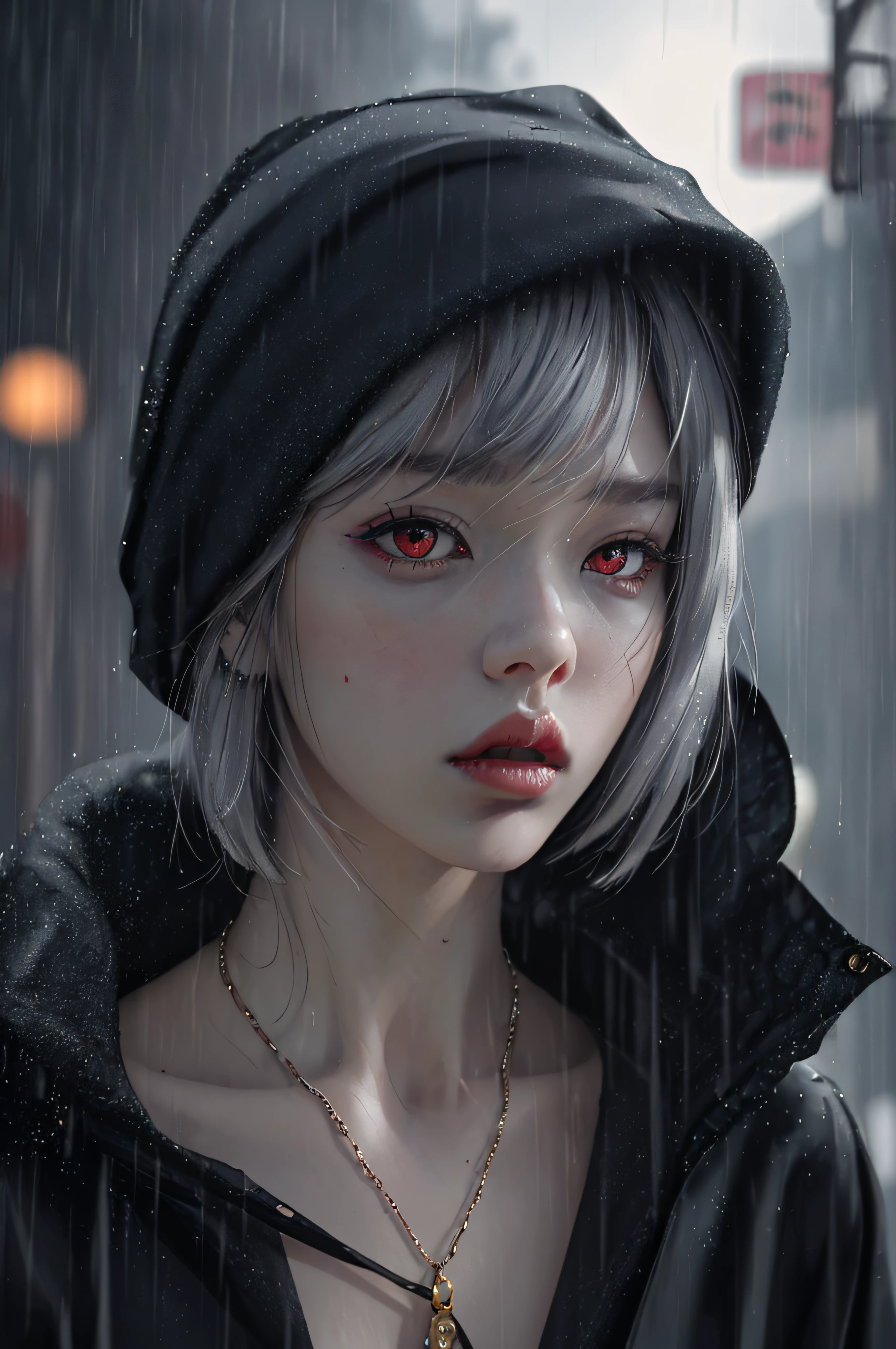 kk, best quality, more details, mastery, 1boy, kaneki ken, portrait, male focus, red eyes, solo, bangs, looking at viewer, hood, short hair, rain, tokyo tokyo \(city\), turban, nail polish , gray hair, luxury, 8k, detail, ray tracing, depth of field, movie lighting,