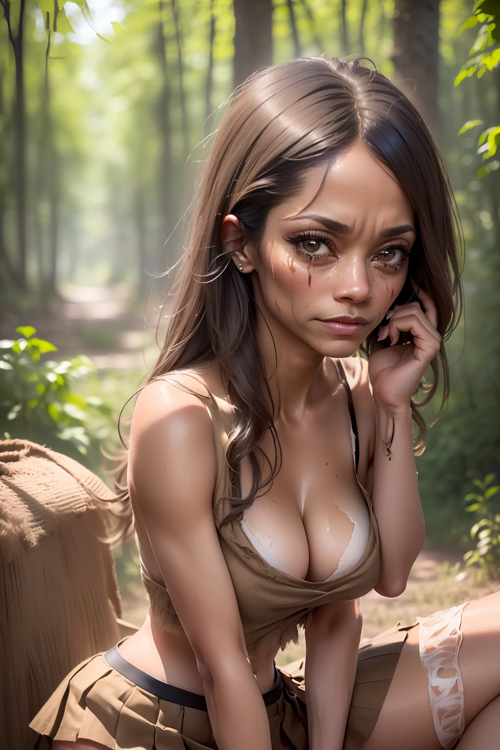(((Zoe Saldana liegt alleine im Wald)), ((she has several bleeding cuts on her legs and face)), (kleiner Kopf), ((The woman is wearing a tube top and a short skirt made of jute fabric)), (((die Kleidung besteht nur aus Jute-Stoff))), (fotorealistisch), (Raytracing), (Kinobeleuchtung), (scharfer Fokus), realistische Haut-Texturen, ((sehr schmutzige Haut und Kleidung)), ((zerrissene Kleidung)), ((ihre Haare sind durcheinander)), ((She's anxious)), ((the eyes are full of tears)), traurig, (änglich), (round breasts), ((cameltoe))