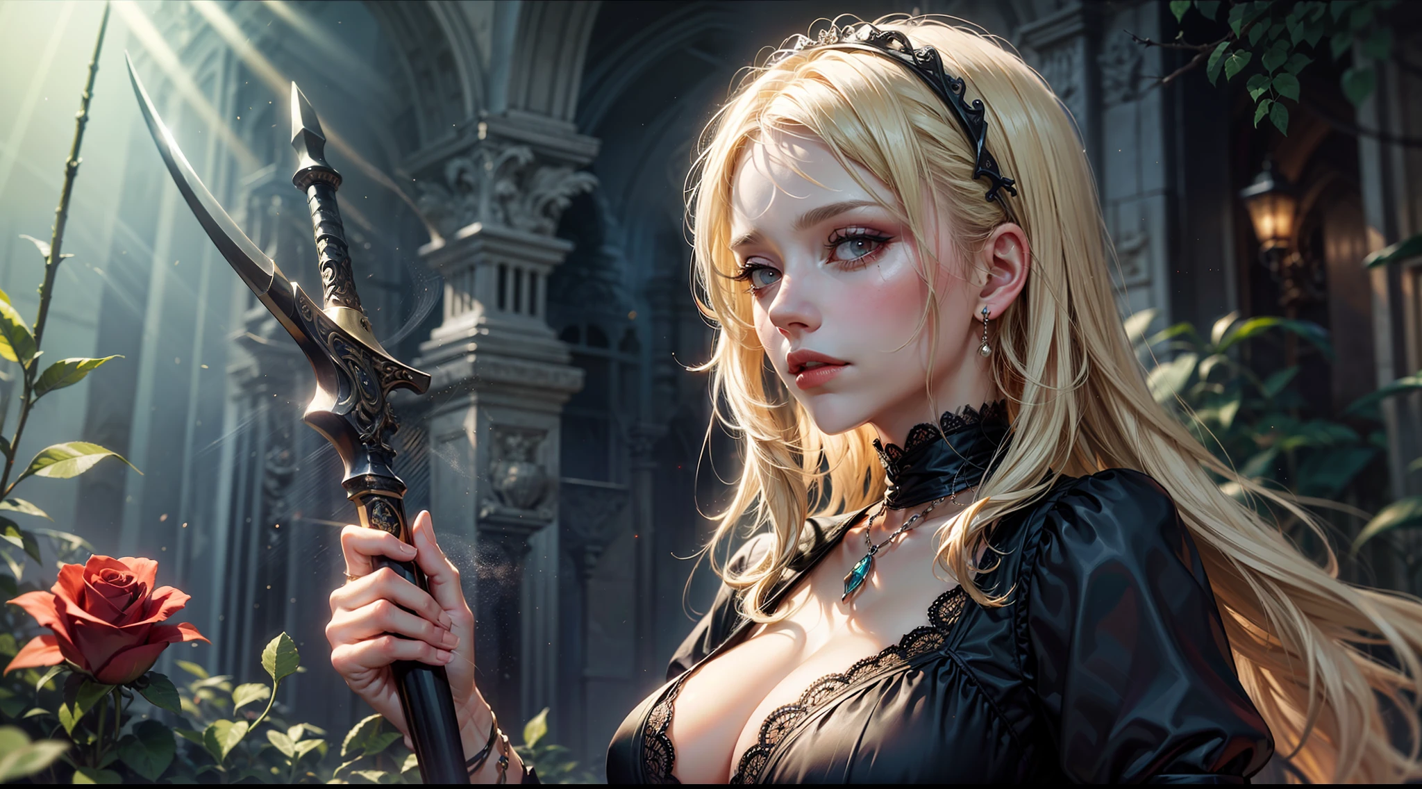 A beautiful (mature_woman:1.5) with long blonde hair in a Gothic dress, holding a sword, goth makeup, morning fog and roses garden, Gothic victorian, Gothic architecture, romantic, regal and mysterious, beautiful lights and colors, sun rays, upper body closeup
