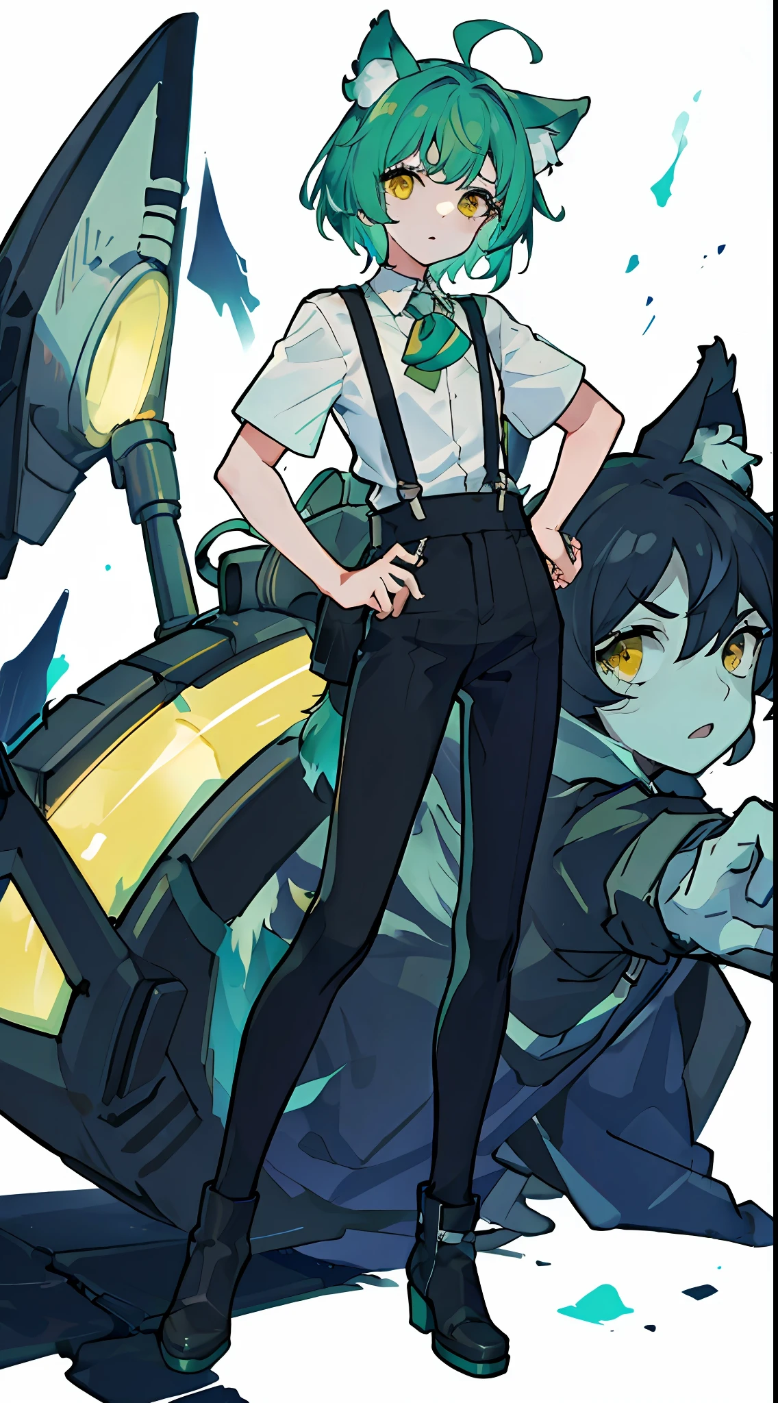 ((masterpiece)),(((Best quality))),A girl,(Simple background), (White background: 1.3), White shirt, Black suspenders, Black leather boots, Stand up straight, full body,divinity, Light green hair, Mullet head, Yellow eyes, Wolf ears,Wolf tail, Expressionless, Anatomically correct,Look at the audience,Treated hair,Clear lines,Pick dyeing,with short hair