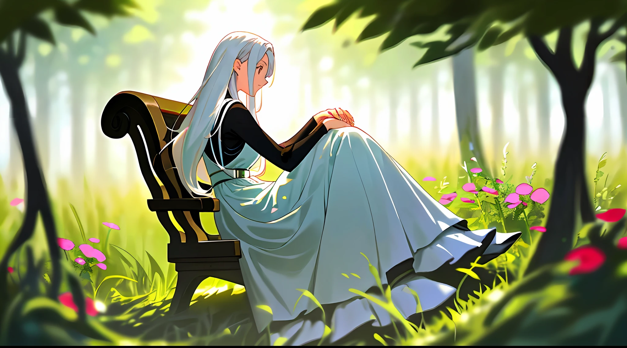 "(master masterpiece,bestquality),1 girl with long white hair sitting in a field of greenery and flowers,Her hands were under her chin,Warm lighting,White dress,Blurred foreground,(Same character, front, side, back)and the whole body(full body)".