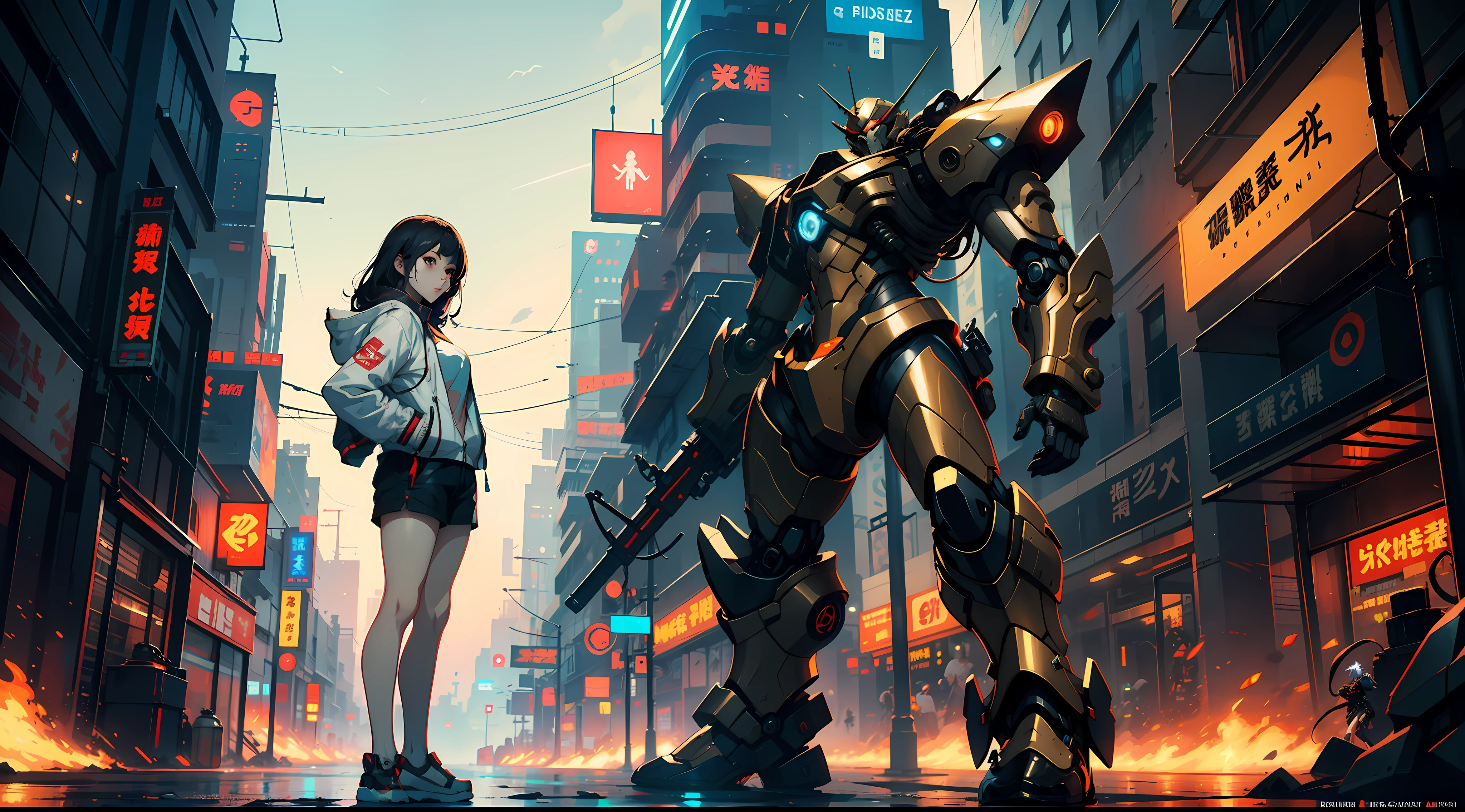 Boutique,best quality,Gold jewelry,(slip out feet),Fairy skin,(Fidelity :1.2),Standing,Super Detailed,realistic,High quality,Movie Light,Ray tracking,Ultra HD,Upper body
Girl in shorts and jacket standing next to giant robot, Guweiz style artwork, CyberPunk mech, Trends on CGSTATION, Guweiz, Russell Dongjun Lu, digital cyberpunk anime art, Ross Tran 8 K, Guweiz on ArtStation Pixiv, Girl in mecha network armor