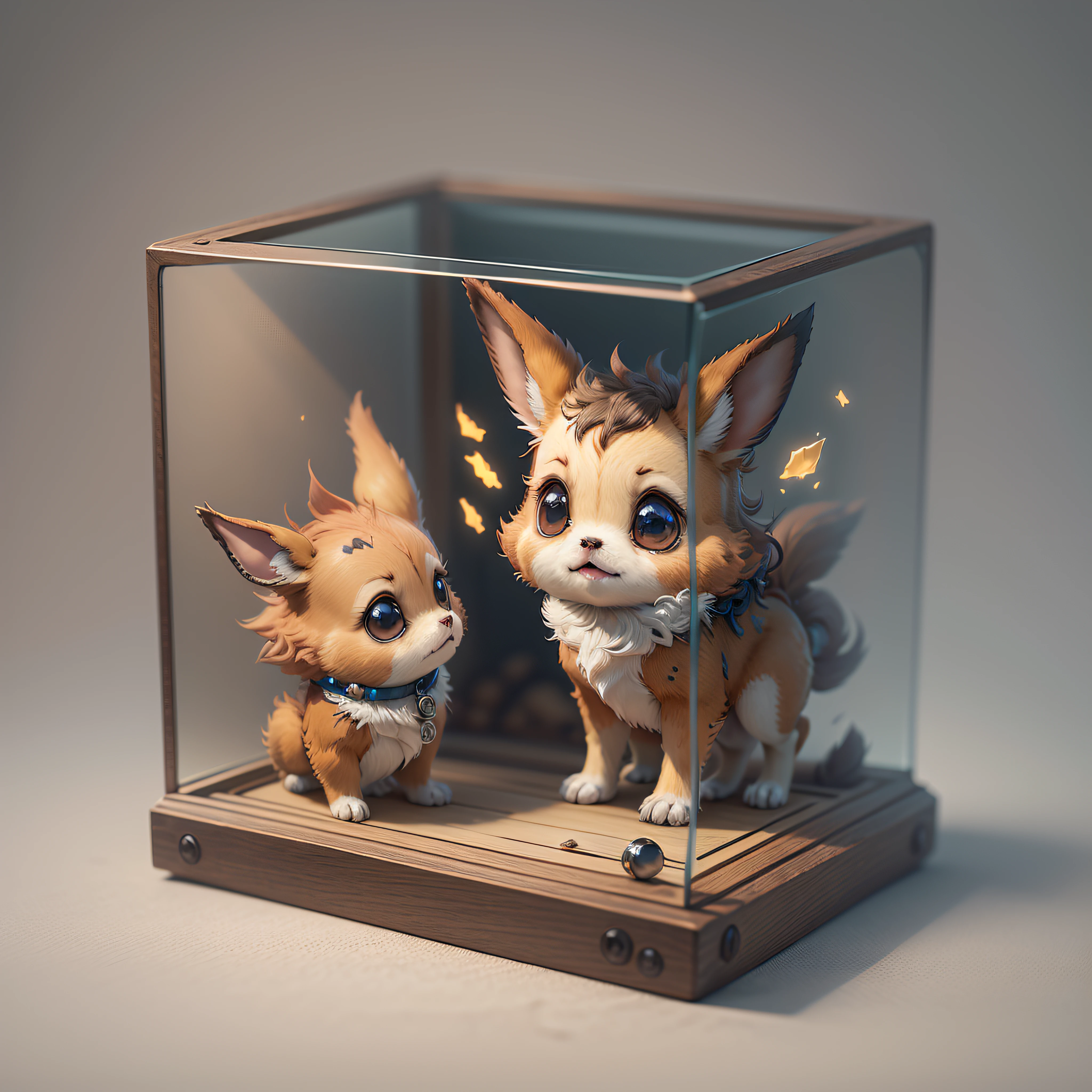 (Masterpiece:1.3), (8k, Best Quality: 1.4), official art, Eevee, brown eyes, Chibi, Adorable Fluffy, in a luxury glass case, luxury standing stand, Logo Design, Cartoon, Cinematic Lighting Effects, Attractive 3D Vector Art, Cute and Quirky Fantasy Art, Digital Painting, Soft Lighting, 4K Resolution, Photorealistic Rendering, Highly Detailed Clean, Vector Image, Photorealistic masterpiece, professional photo, simple space background, flat white background, isometric, vivid vector