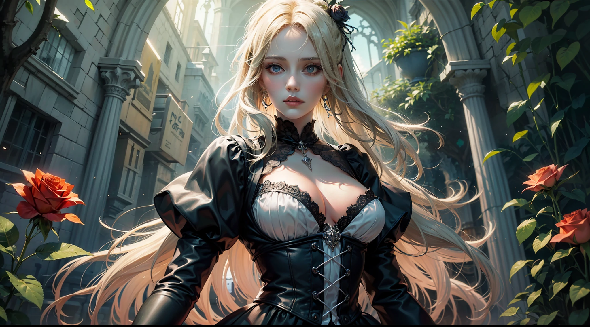 A beautiful (mature_woman:1.5) with long blonde hair in a Gothic dress, holding a sword, goth makeup, morning fog and roses garden, Gothic victorian, Gothic architecture, romantic, regal and mysterious, beautiful lights and colors, sun rays, upper body closeup