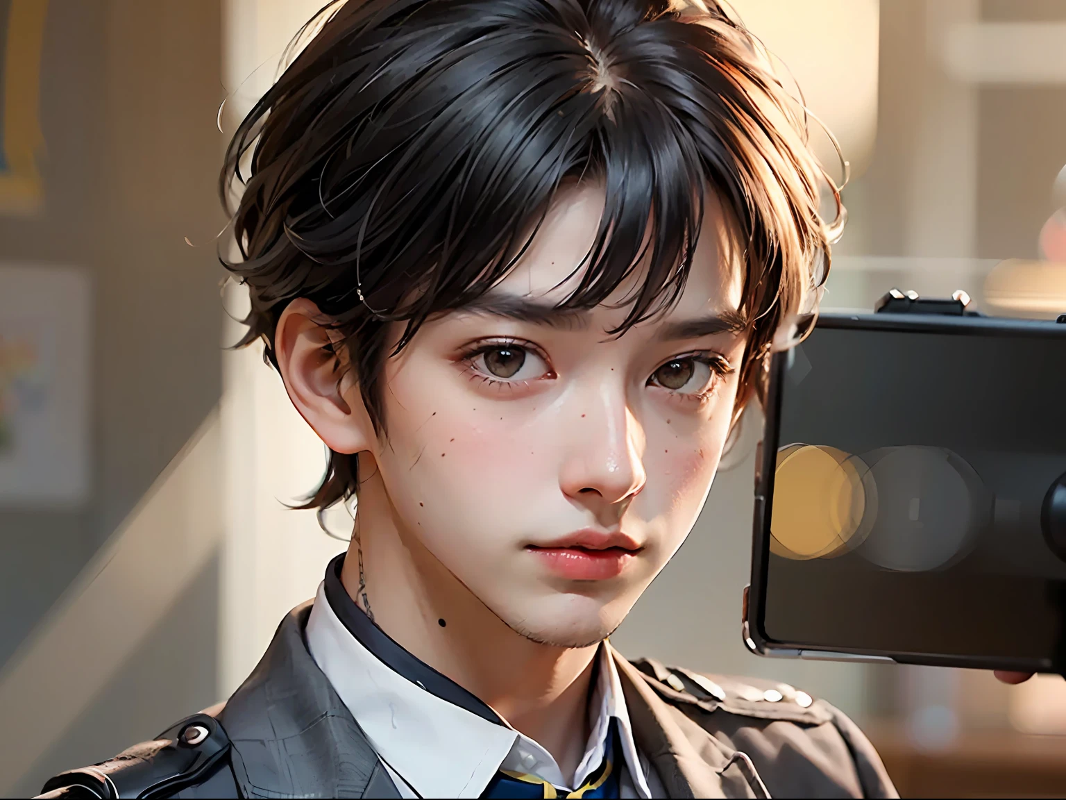 (Best quality），（HD 8K），（Realistic）A handsome boy，（Angular），a short hair，Deep eyes，Wear a university uniform，Camera in hand，In a studio，In the shooting photo，（master masterpiece）