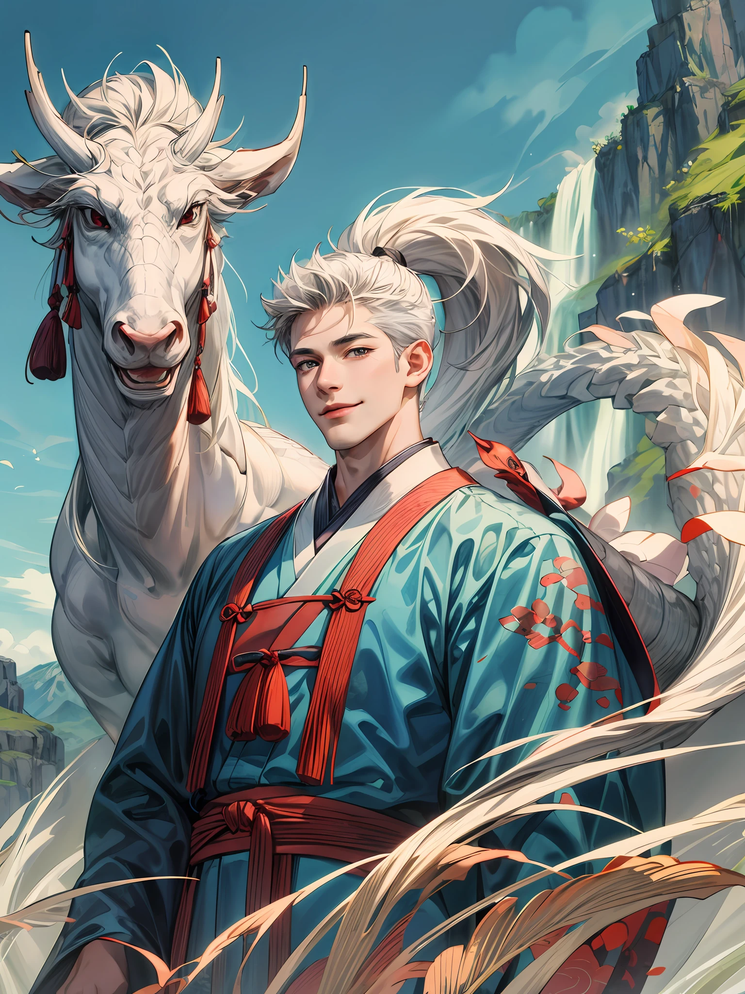 Best quality, masterpiece, ultra high res,detailed background,realistic,hadesstyle,solo,male,mature,bara,muscular,young male,short hair,facial hair,Best quality, masterpiece, ultra high res,detailed background,realistic,illustration,from below,full body,solo,1boy,upper body,(absurdres, highres, ultra detailed), traditional chinese ink painting, peaceful, (smile), looking at viewer, wearing long hanfu, white hanfu, A white dragon with hudge dragon head, A chinese dragon surrounded,background of mountain, background of waterfall, intricate background