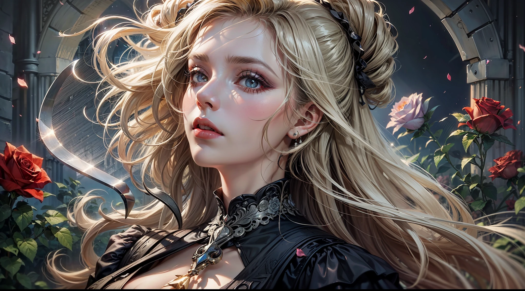 A beautiful (mature_woman:1.5) with long blonde hair in a Gothic dress holding a sword, goth makeup, morning fog and roses garden, Gothic victorian, Gothic architecture, romantic, regal and mysterious, beautiful lights and colors, sun rays, upper body closeup