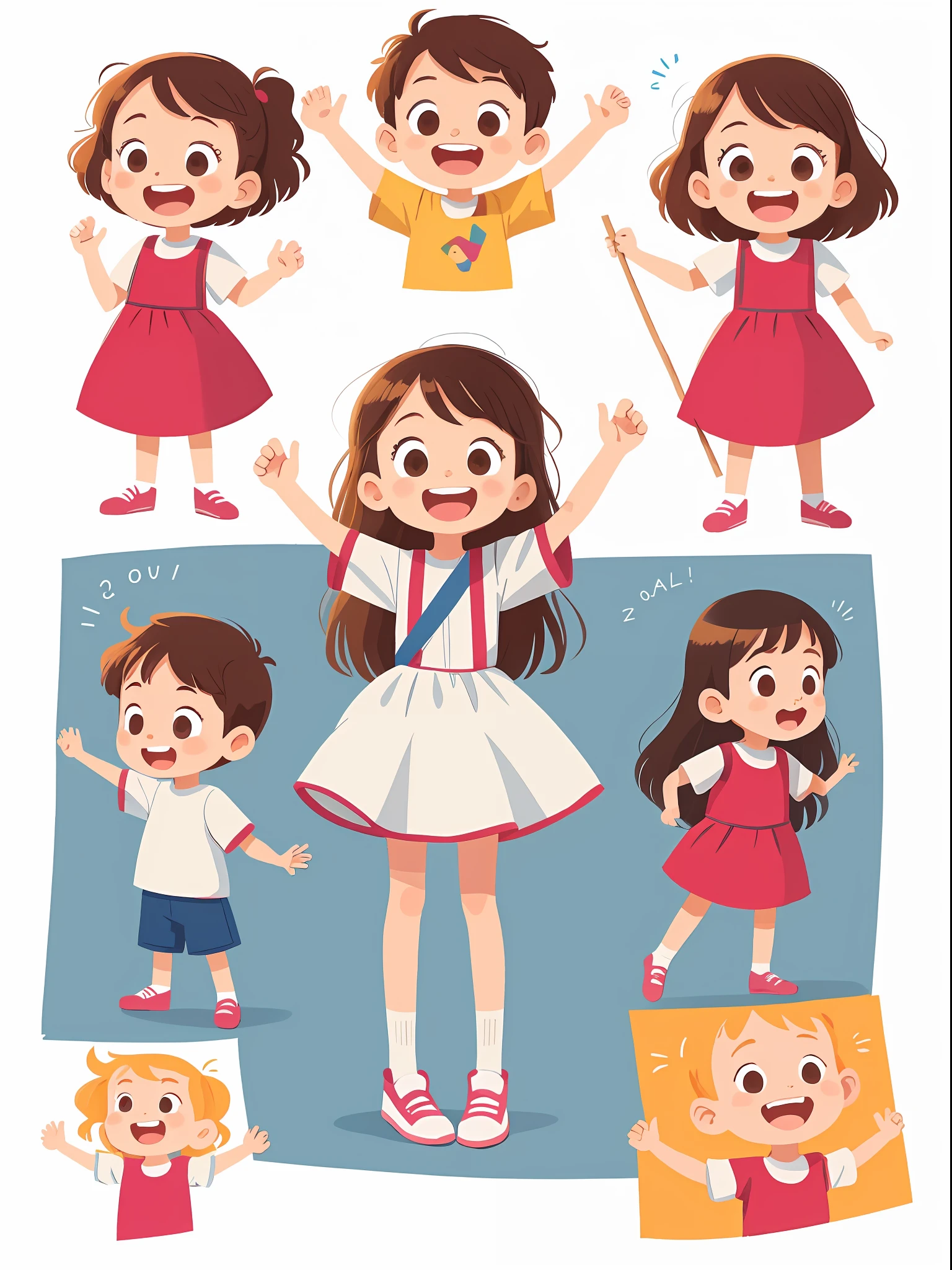（Plain white background：1）（Flat vector stick figures）Children's illustration，A little girl is standing，full bodies，Raise your right hand，Learn，laugh，English（Hand detail：1）stick figure