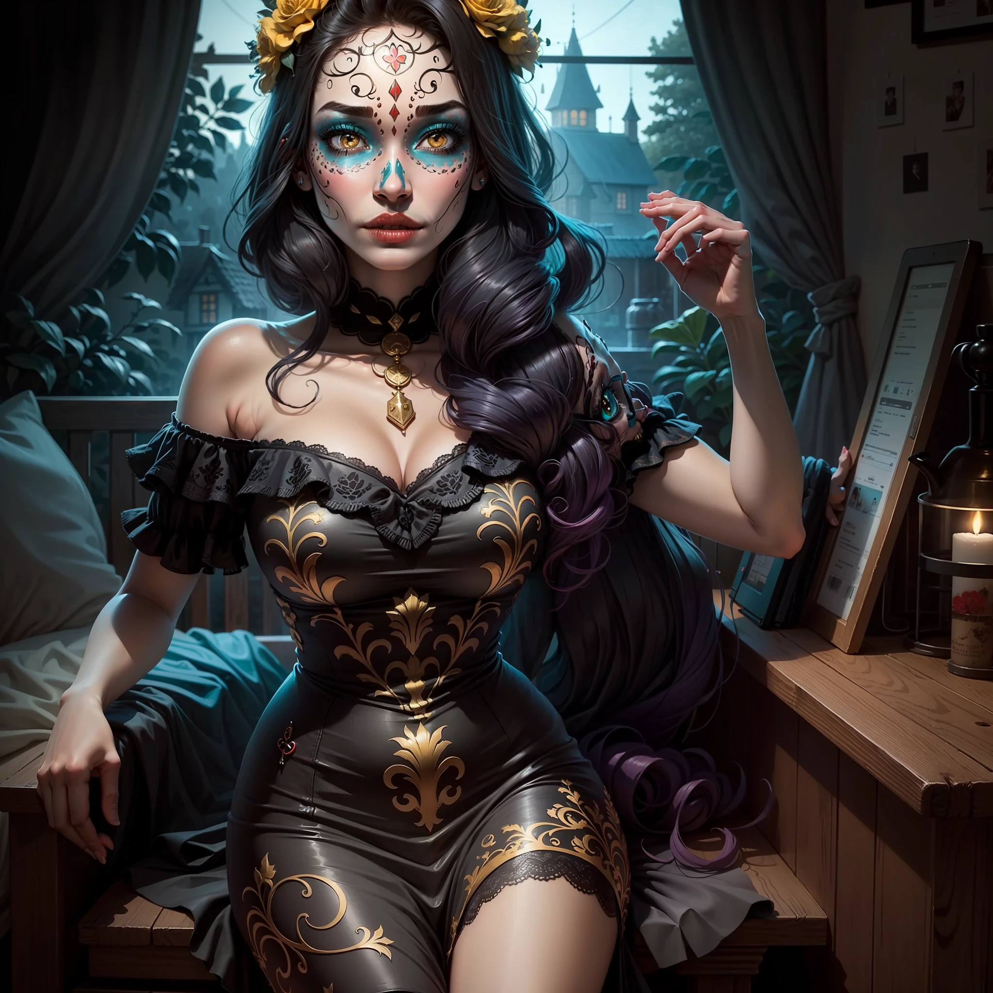 Girl, long black to dark turquoise hair, gold eyes, dark cottage core clothing, long floral dress, flower crown, one person, light make up