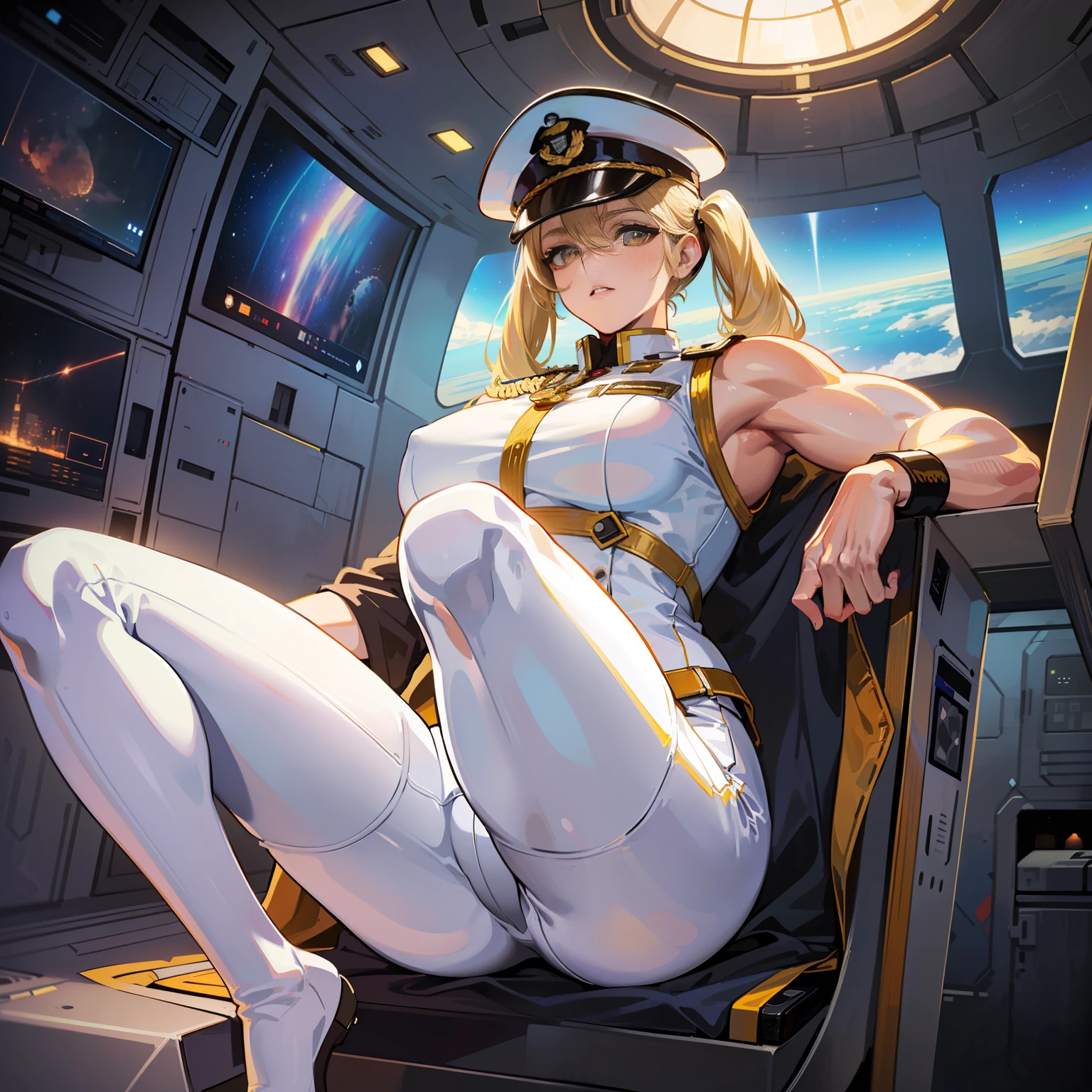 ((Masterpiece)), ((Highest Image Quality)), (((Best Quality)), (Illustration of One Girl), Full Body, 25 Years Old, (Neutral)), ((Blonde Twin Tails)), Light Golden Eyes, (Tall)), (Muscular Strong Body)), ((Muscular and Thick Body)), ((Muscular and Thick Arms)), ((Muscular and Thick Legs)), (Manspreading)), Open Legs, (((Army Uniform)), (Army Hat)), (((Army Coat)), (white clothes), (white pants), (white hat), trench coat, ((inside the spaceship, sitting in the captain's seat)), (outside the window, space, Earth seen from space, spaceport)