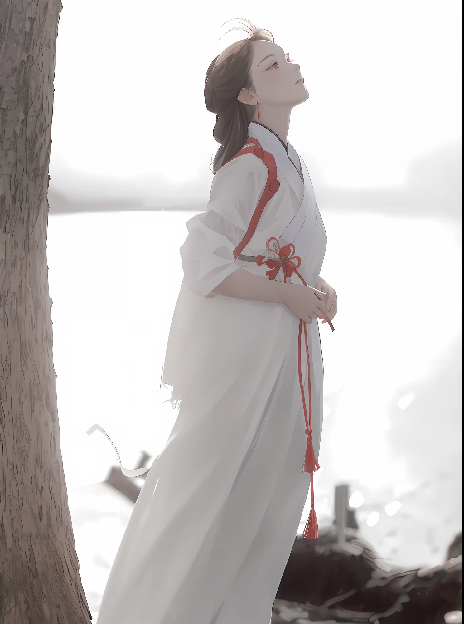 there is a woman in a white dress standing next to a tree, white hanfu, palace ， a girl in hanfu, inspired by Cui Bai, a still of an ethereal, inspired by Tang Yifen, Hanfu, inspired by Lü Ji, inspired by Huang Ji, inspired by Qiu Ying, with acient chinese clothes