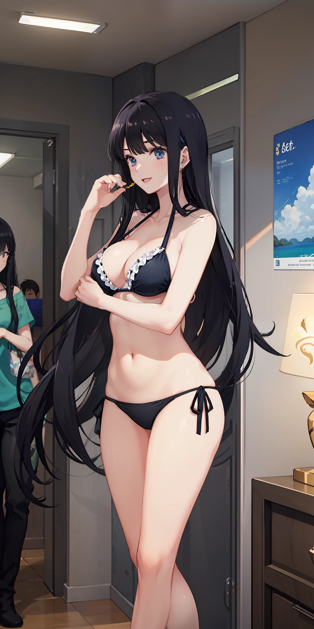 masterpiece, best quality, ultra-detailed, illustration,1girl,
long hair, dark hair,
medium breast, side tie bikini, excited,