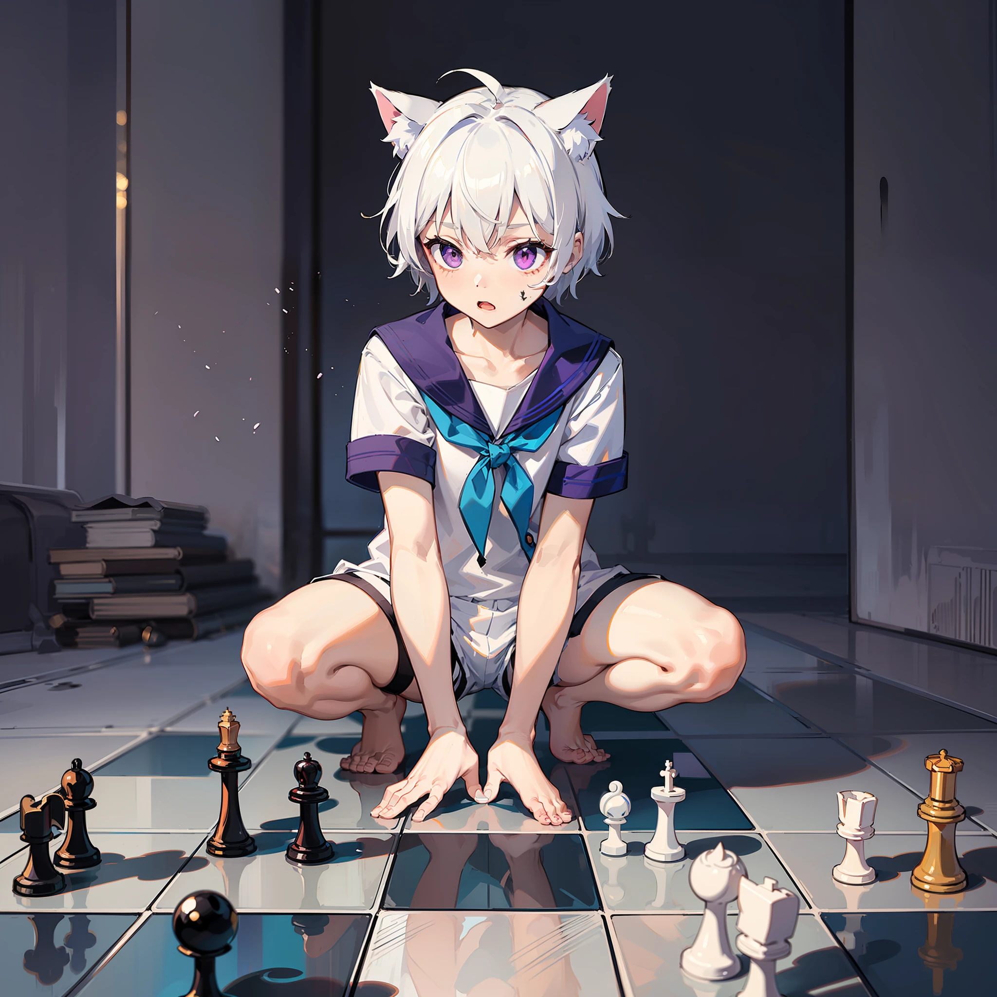 Pale skinned zombie white hair cat ears little boy，a short hair，Purple eyes，Blue and white striped sailor suit，Blue and white striped shorts，Barefoot，Play chess in the desert