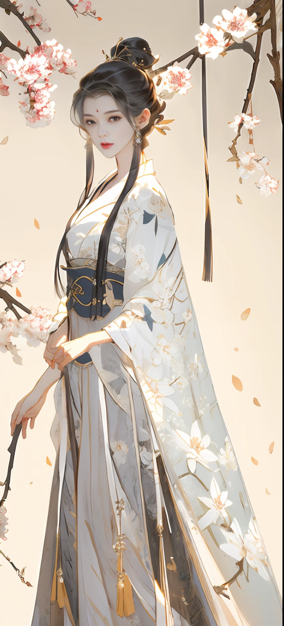Beautiful details for girls,Very detailed eyes and face,beautiful eyes in detail,Super detailed,Hi-Res,Very detailed,The best quality,illustration,sophisticated detail,Best quality,Very detailed CG,8k wallpaper,A woman,woods,Long black hair,ponytail,Hanfu girl,Red clothes,blossoms,Complex textures,Streamers,navel,shoulder,Complex background,Full body like