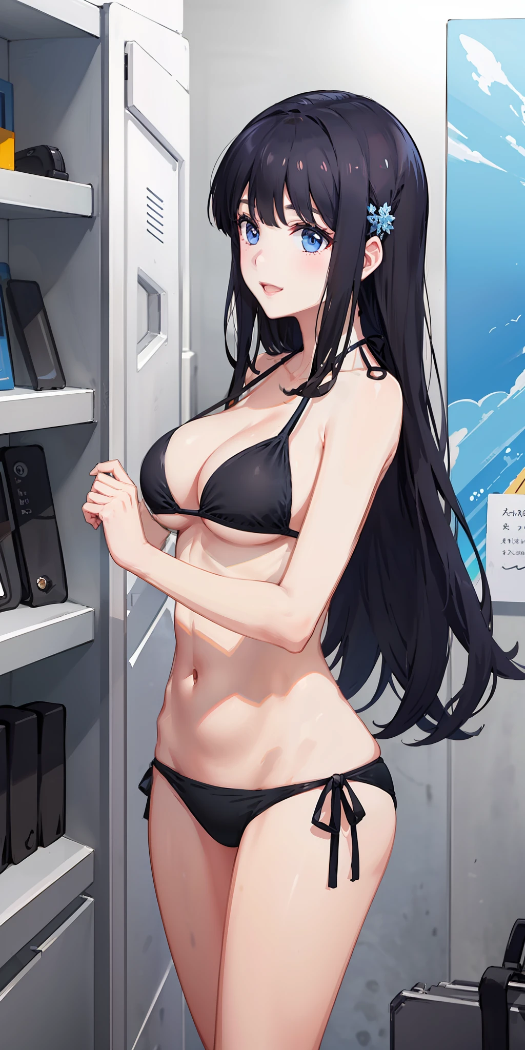 masterpiece, best quality, ultra-detailed, illustration,1girl,
long hair, black hair, 
medium breast,  side tie bikini, excited,