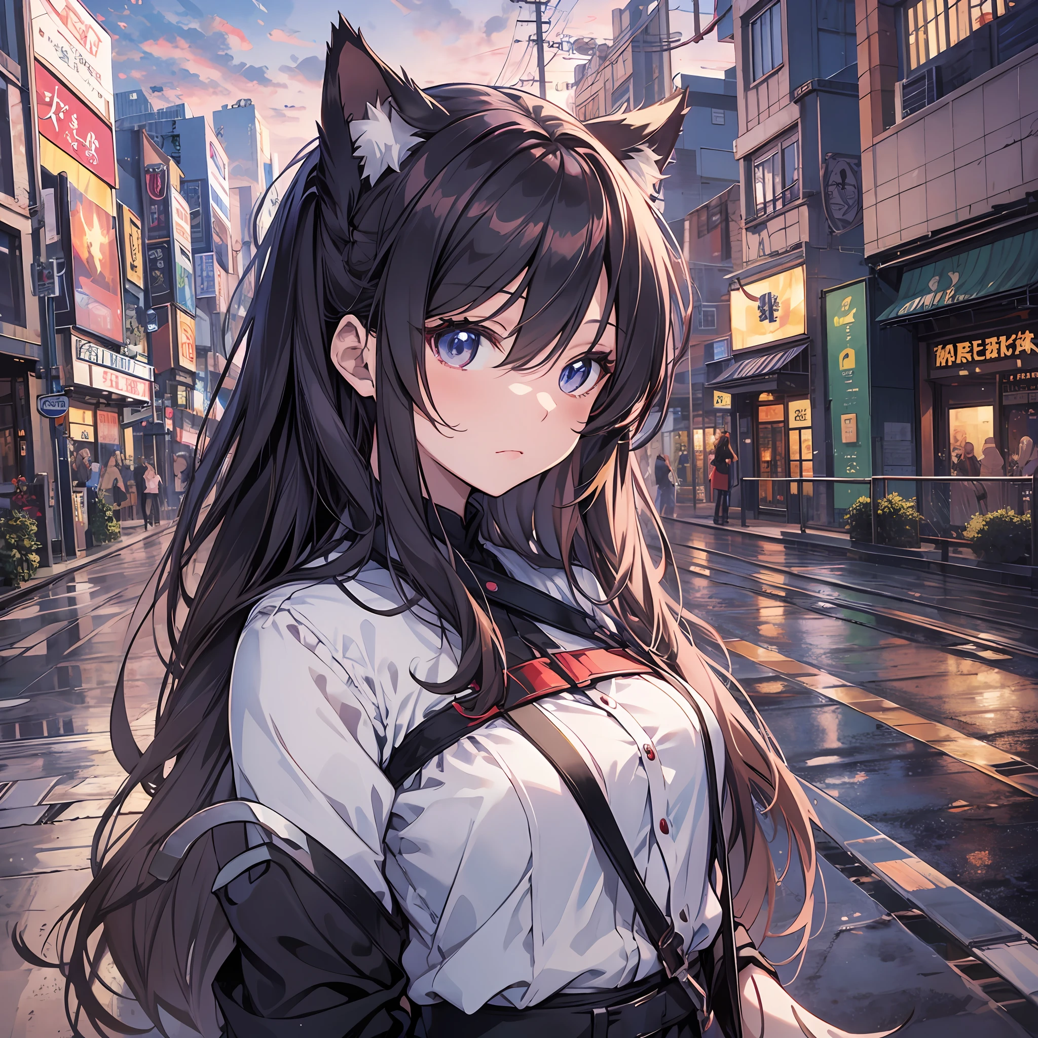 best quality、8K))One woman Anime girl with long black hair and cat ears、Rin Tohsaka、anime moe artstyle、Fate/Anime style like Stay Night、Anime girls with long hair、Very cute anime girl face、Night Core、From the front line of girls、Portrait of a cute anime girl、Anime girl with cat ears、High-quality anime art style、 Beautiful anime women sexy Miwaki Beautiful abs In the street