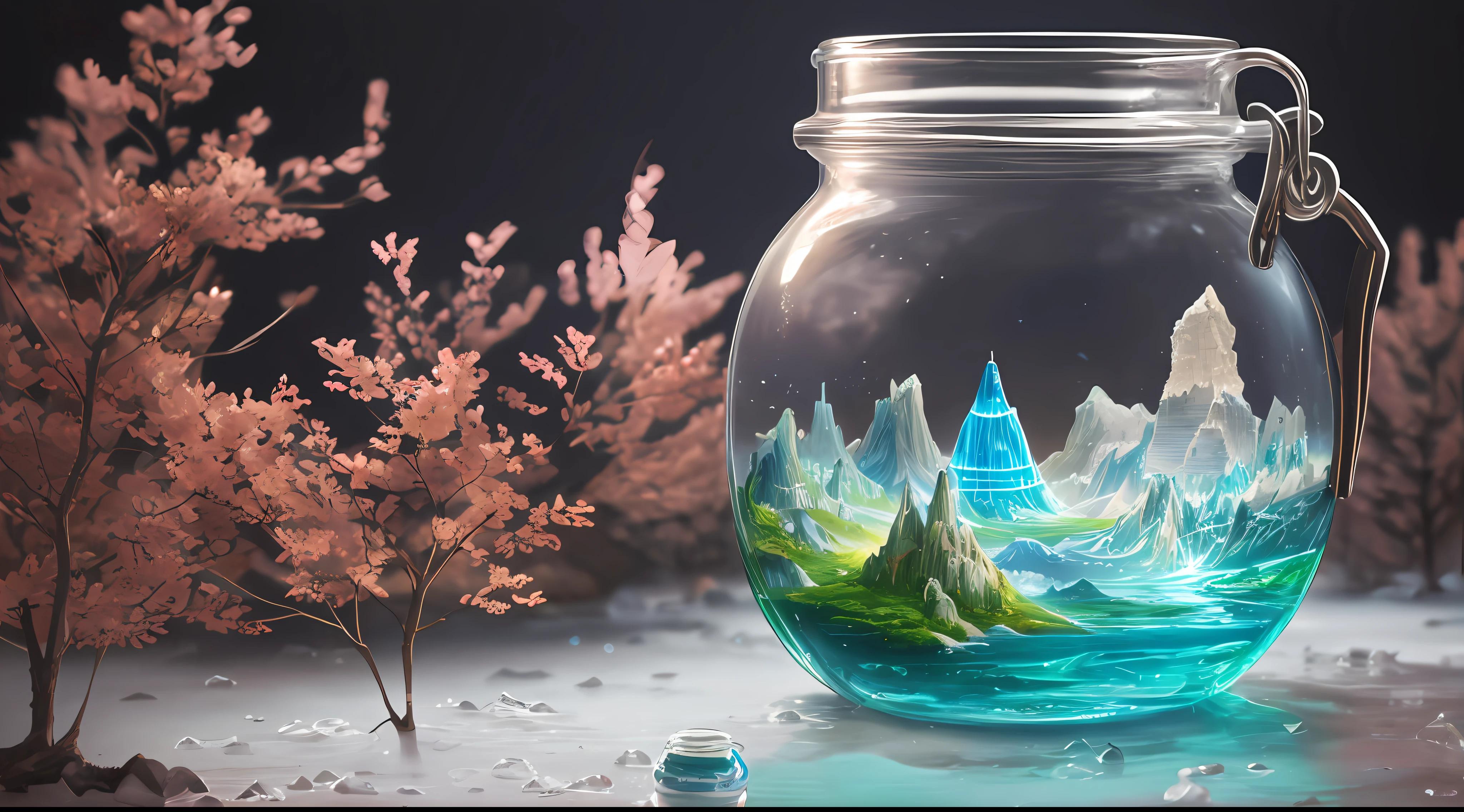 (botella de cristal con un paisaje de fantasia dentro). pintura digital, artstation, arte conceptual, enfoque suave, clear, illustration. ultra realistic. fotorealista --auto --s2