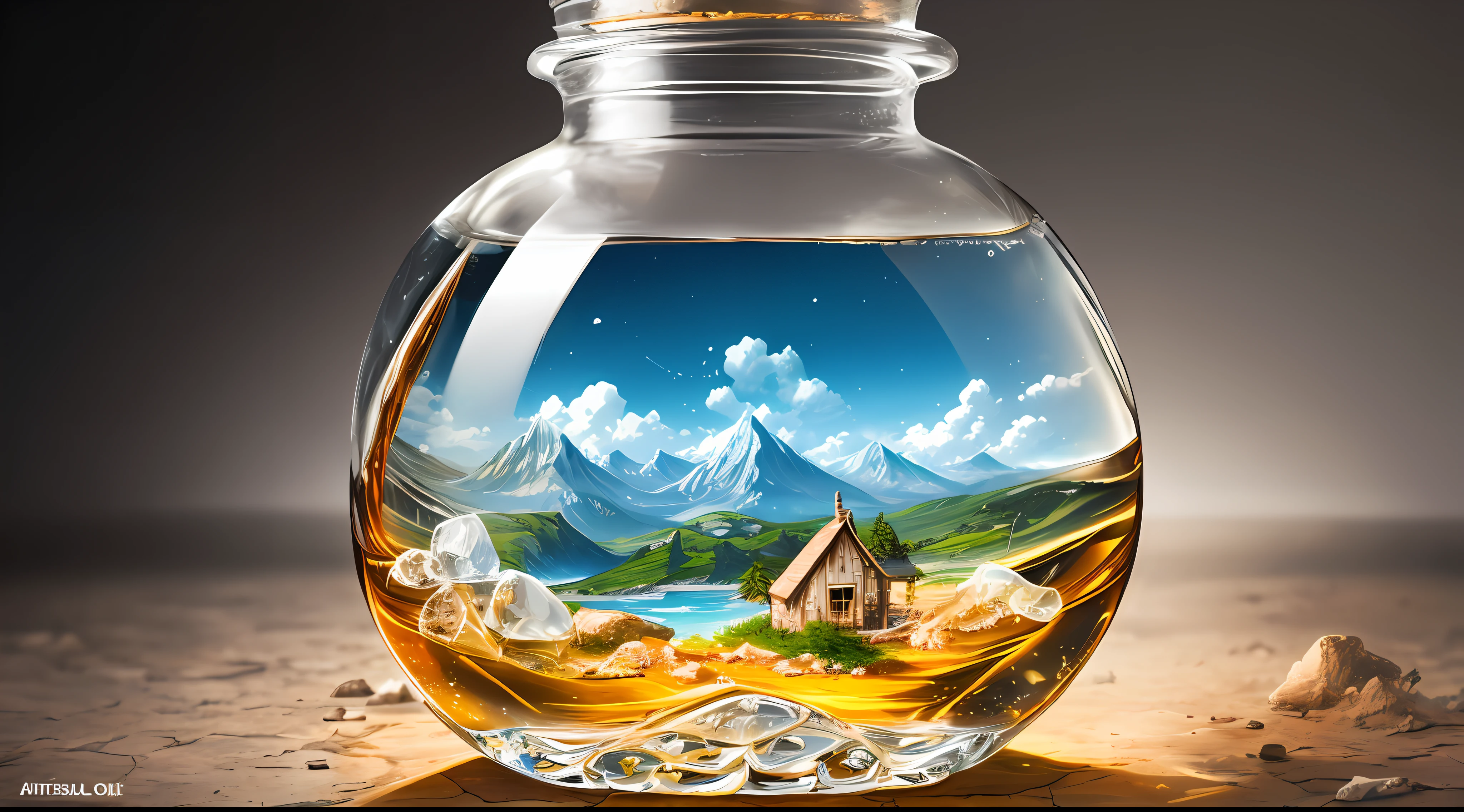 (botella de cristal con un paisaje de fantasia dentro). pintura digital, artstation, arte conceptual, enfoque suave, clear, illustration. ultra realistic. fotorealista --auto --s2