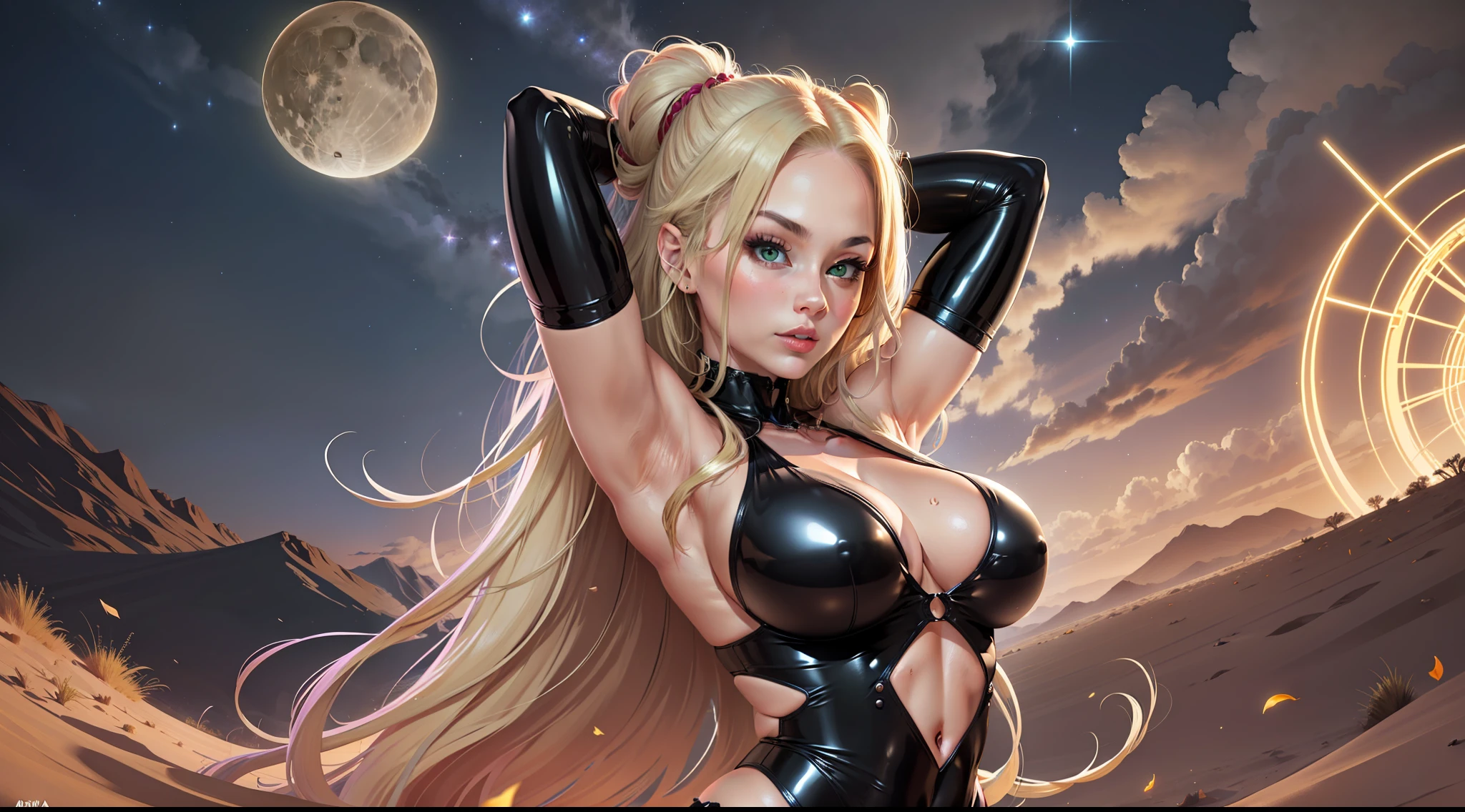 1 girl, ig model, ninja, bodysuit, action pose, arms up, arms behind head, blonde hair, long hair, green eyes, lewd face, sexy, cleavage, armpits, large breasts, wide hips, thick thighs, muscles, abs, realistic, ray traced, desert, sand, night, stars, moon, clouds