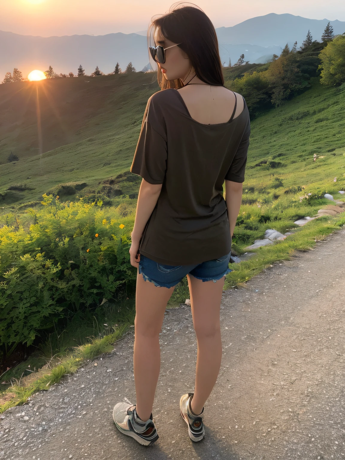 ((Best quality,8K,master masterpiece:1.3)), 1girl, full bodies, Slim face, Beautiful woman, (Short dark brown hair), Long top, Super detailed face, Detailed eyes, Back,Standing on the side of the mountain wearing sunglasses,Look at the sunrise in the distance, Blur the background, Slim face, Yamakawa,sunrise,