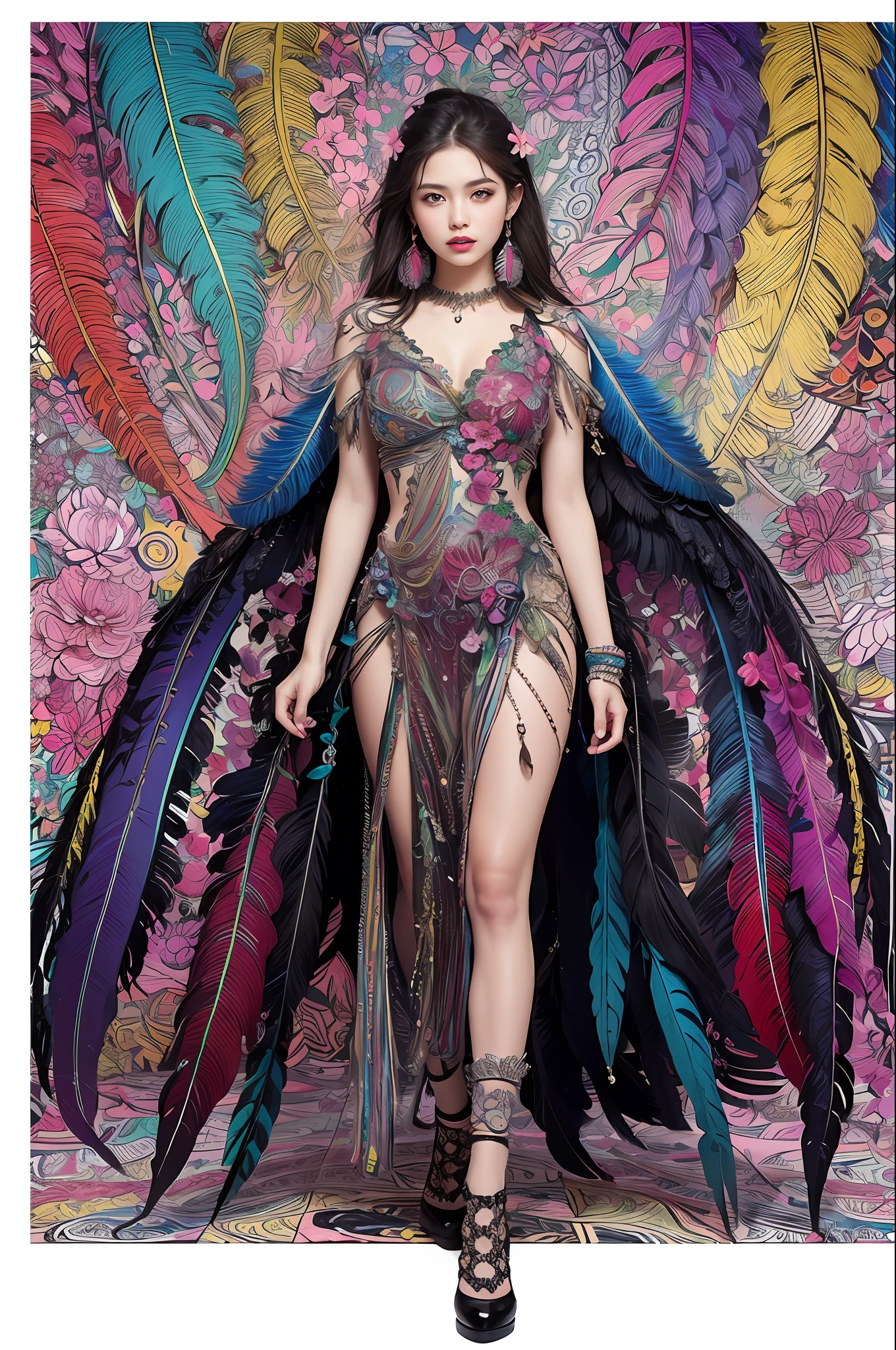 (masterpiece, top quality, best quality, official art, beautiful and aesthetic:1.2), (1girl:1.3), extremely detailed,(fractal art:1.1),(colorful:1.1)(flowers:1.3),highest detailed,(zentangle:1.2), full body, (abstract background:1.3), (shiny skin), (many colors:1.4), ,(earrings), (feathers:1.5),