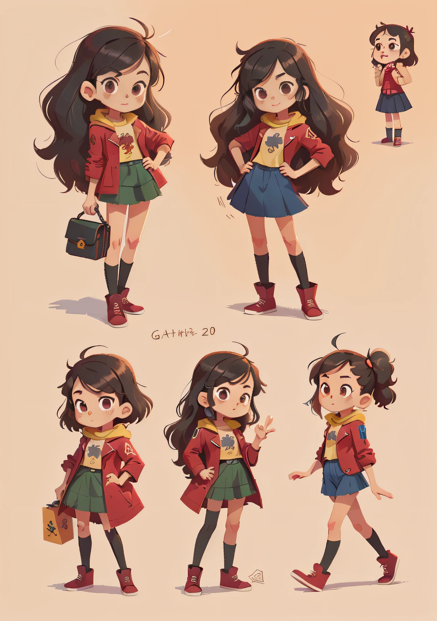Close-up of cartoon characters in casual clothes,Red coat,Long black hair,Long black hair,Long black hair,Skirt,Skirt,Skirt,Complete hand and five fingers,Complete hand and five fingers,Complete hand and five fingers,Mini cute long hair girl for women,High-quality character design,animation character,Full body characters,Full body character design,The character stands and walks,Professional character design,Game character design,Full body solo character,2D illustration,2D illustration,Cute characters,female protagonist👀:8,