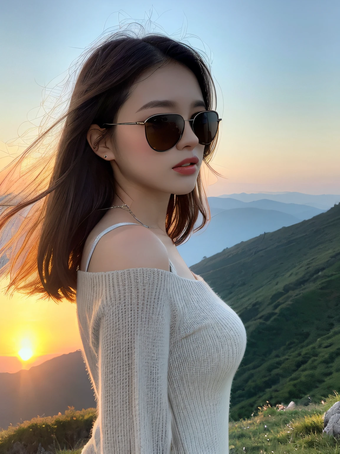 （（Best quality，8K，master masterpiece：1.3））， 1girl， full bodies， Slim face， Beautiful woman， （Short dark brown hair）， Long top， Super detailed face， Detailed eyes， Back，Standing on the side of the mountain wearing sunglasses，Look at the sunrise in the distance， Blur the background， Slim face， Yamakawa，sunrise，