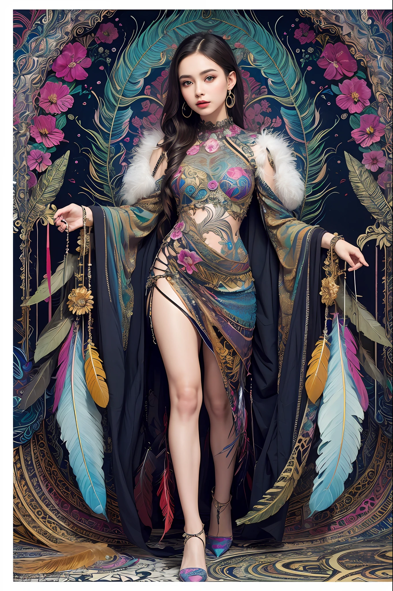 (masterpiece, top quality, best quality, official art, beautiful and aesthetic:1.2), (1girl:1.3), extremely detailed,(fractal art:1.1),(colorful:1.1)(flowers:1.3),highest detailed,(zentangle:1.2), full body, (abstract background:1.3), (shiny skin), (many colors:1.4), ,(earrings), (feathers:1.5),