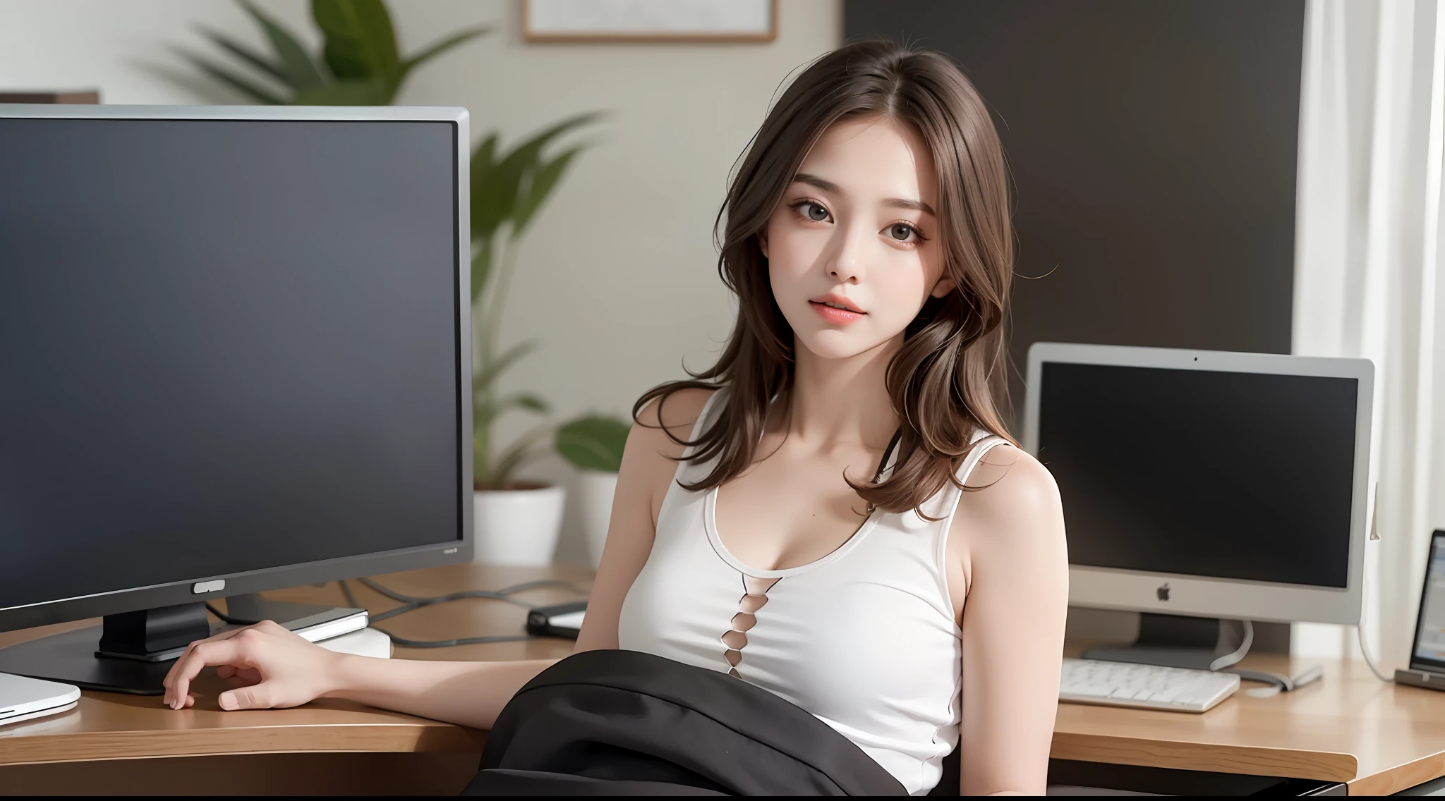 beautiful lighting, real life, beautiful professional women, wear tank top short skirt, stand beside working desk, eye looking to camera , show full body view with legs, intricate, high detail, sharp focus, ultra realistic, 8K, masterpiece, best quality, high quality
