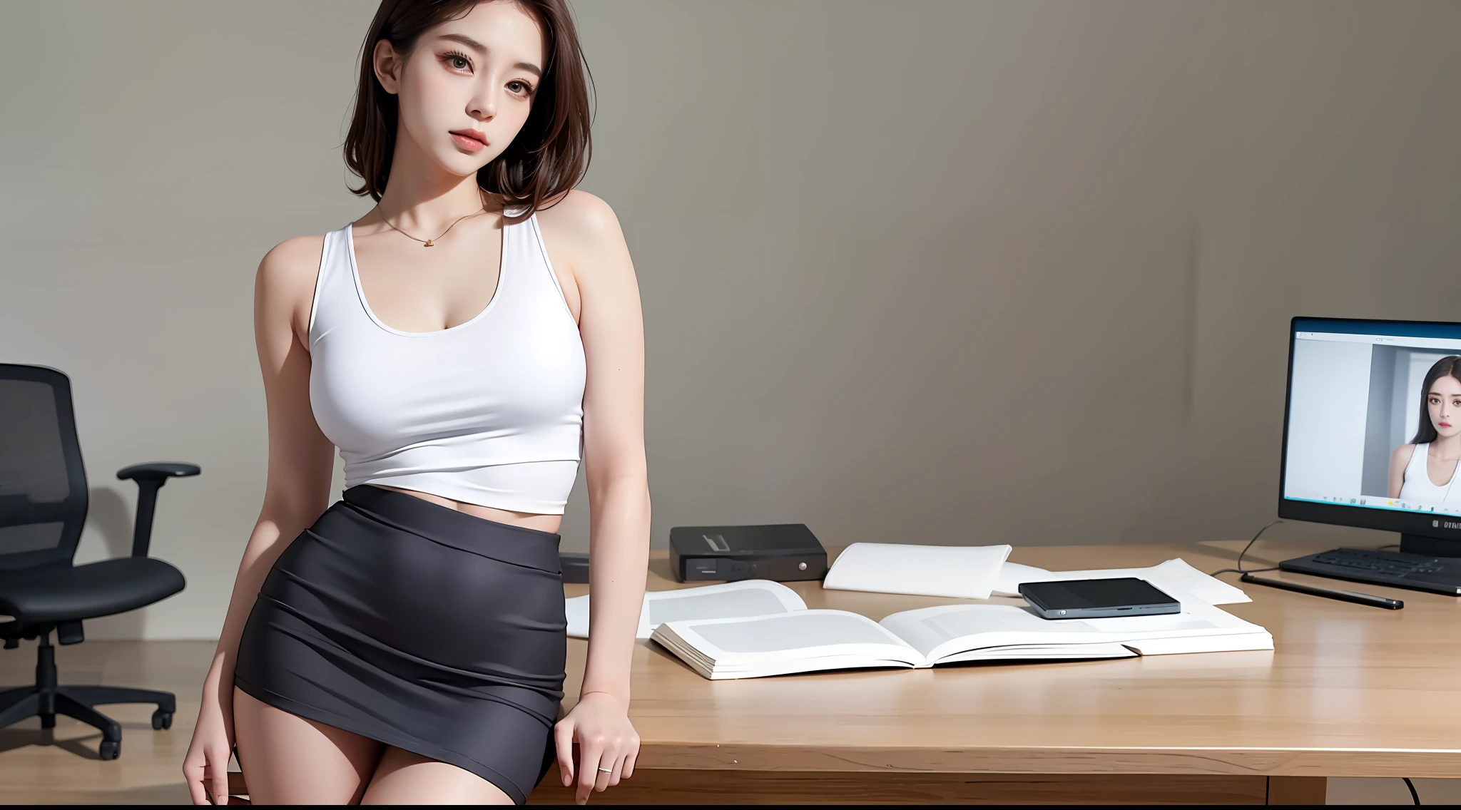 beautiful lighting, real life, beautiful professional women, wear tank top short skirt, stand beside working desk, eye looking to camera , show full body view with legs, intricate, high detail, sharp focus, ultra realistic, 8K, masterpiece, best quality, high quality