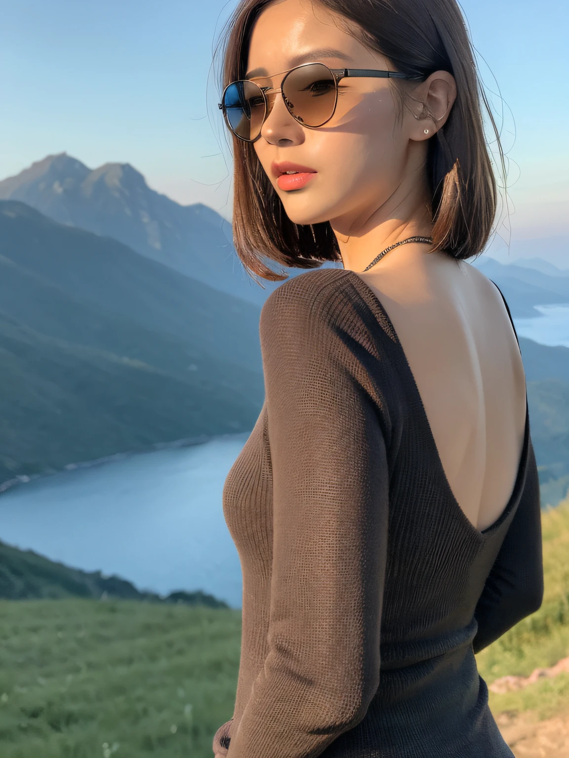 ((Best quality,8K,master masterpiece:1.3)), 1girl, full bodies, Slim face, Beautiful woman, (Short dark brown hair), Long top, Super detailed face, Detailed eyes, Back,Standing on the side of the mountain wearing sunglasses,Look at the sunrise in the distance, Blur the background, Slim face, Yamakawa,sunrise,