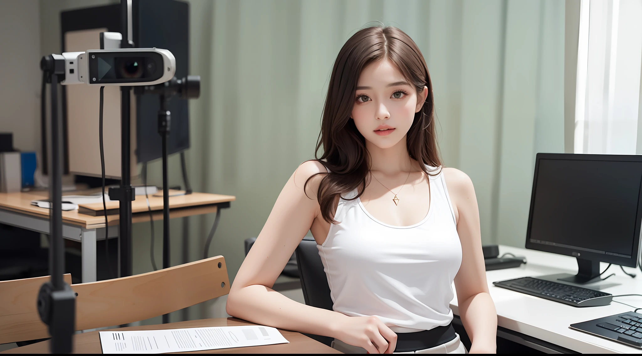 beautiful lighting, real life, beautiful professional women, wear tank top short skirt, stand beside working desk, eye looking to camera , show full body view with legs, intricate, high detail, sharp focus, ultra realistic, 8K, masterpiece, best quality, high quality