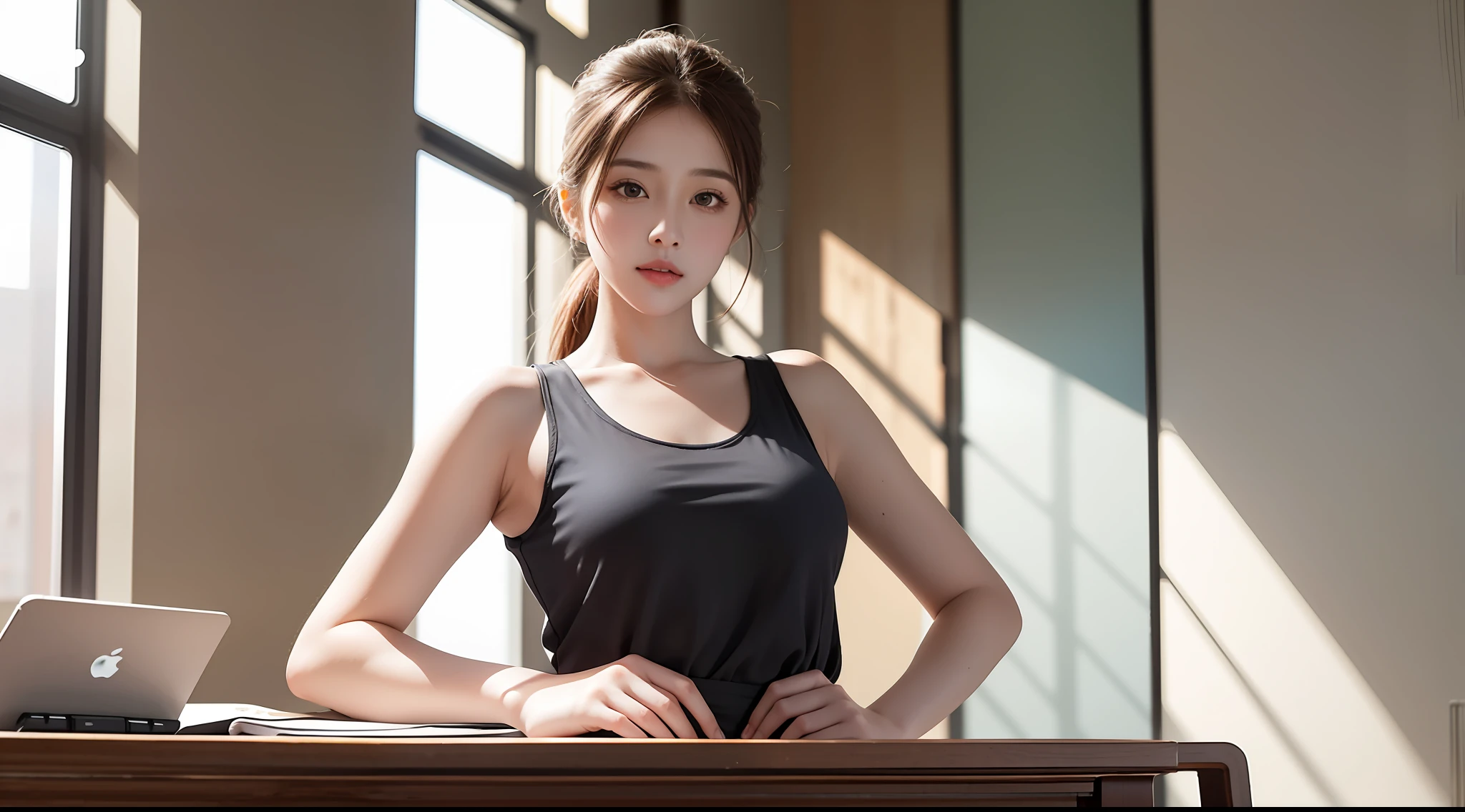 beautiful lighting, real life, beautiful professional women, wear tank top short skirt, stand beside working desk, eye looking to camera , show full body view with legs, intricate, high detail, sharp focus, ultra realistic, 8K, masterpiece, best quality, high quality