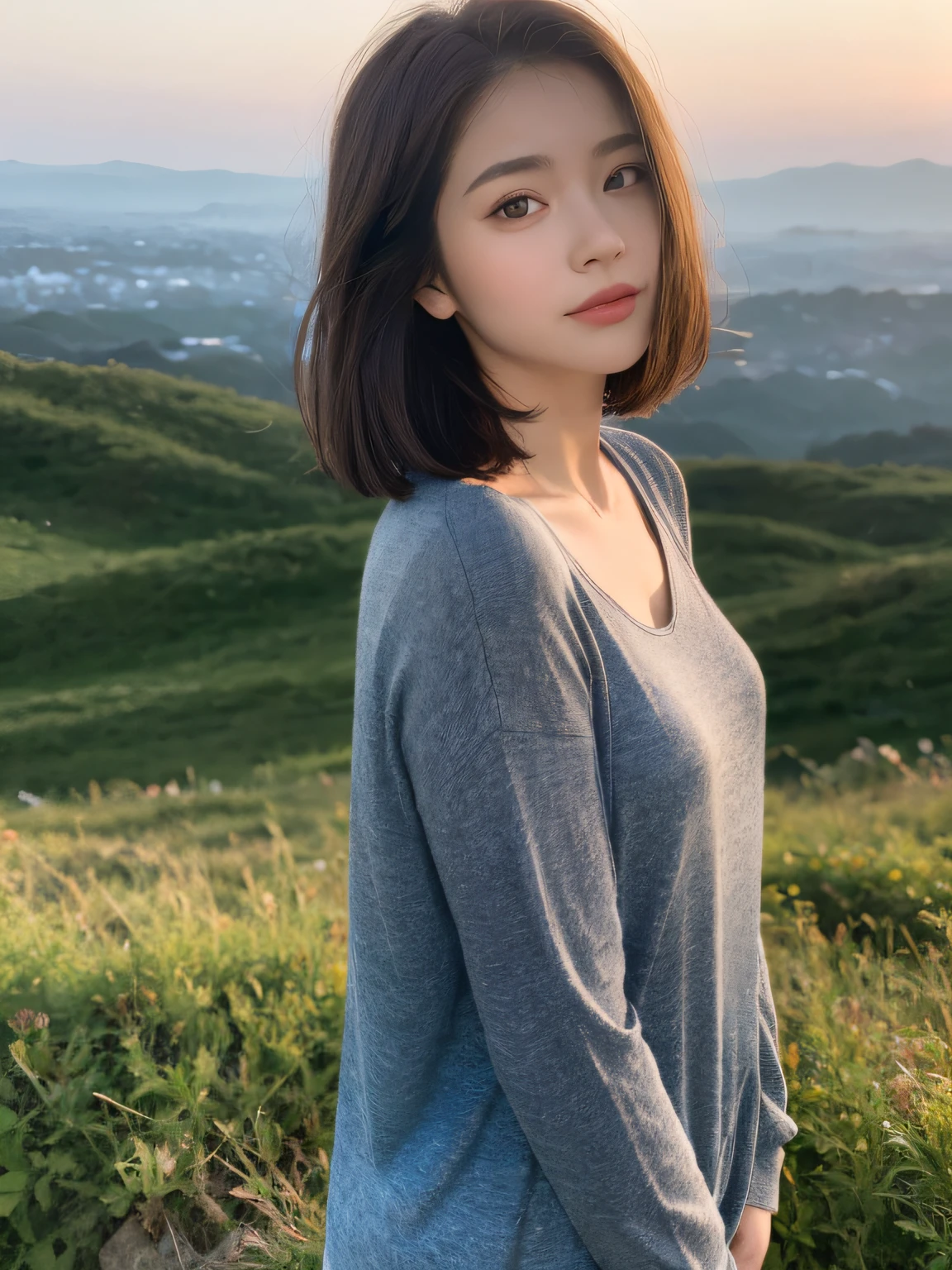 （（Best quality，8K，master masterpiece：1.3））， 1girl， full bodies， Slim face， Beautiful woman， （Short dark brown hair）， Long top， Super detailed face， Detailed eyes， Back，Standing on the side of the mountain wearing sunglasses，Look at the sunrise in the distance， Blur the background， Slim face， Yamakawa，sunrise，