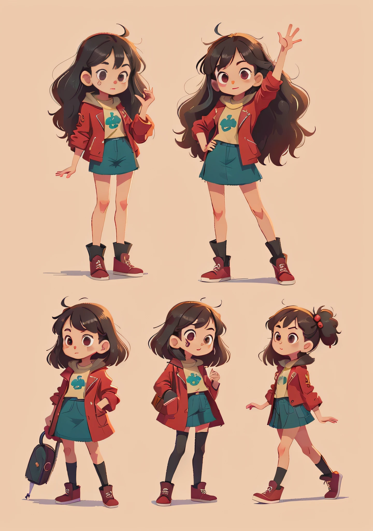 Close-up of cartoon characters in casual clothes,Red coat,Long black hair,Long black hair,Long black hair,Skirt,Skirt,Skirt,Complete hand and five fingers,Complete hand and five fingers,Complete hand and five fingers,Mini cute long hair girl for women,High-quality character design,animation character,Full body characters,Full body character design,The character stands and walks,Professional character design,Game character design,Full body solo character,2D illustration,2D illustration,Cute characters,female protagonist👀:8,