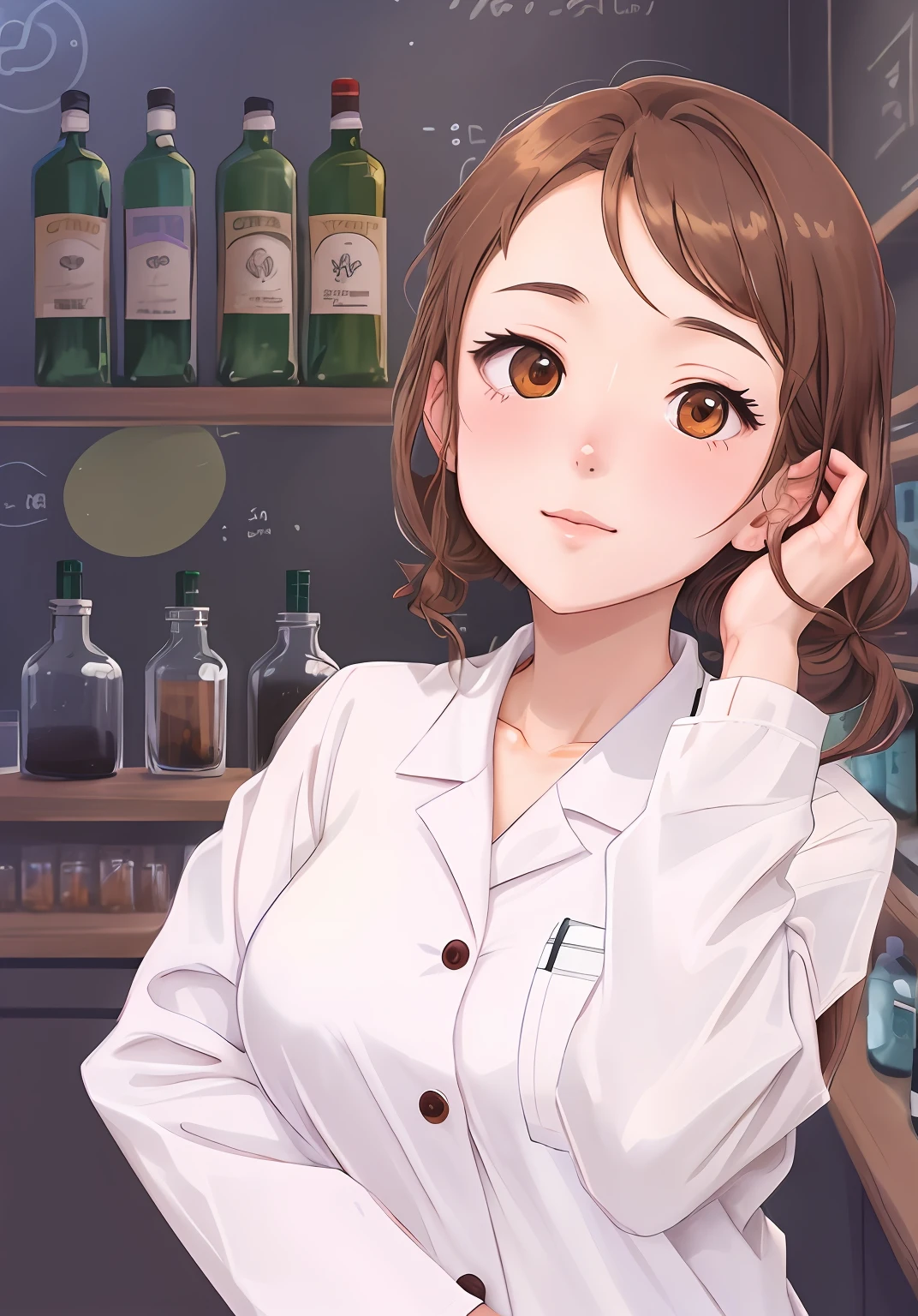 anime - style illustration of a woman in a white shirt standing in front of a shelf of bottles, marin kitagawa fanart, lofi portrait, anime moe artstyle, with a lab coat, wearing lab coat and a blouse, working in her science lab, mysterious coffee shop girl, official fanart, detailed fanart, lofi girl, high quality fanart, digital anime illustration