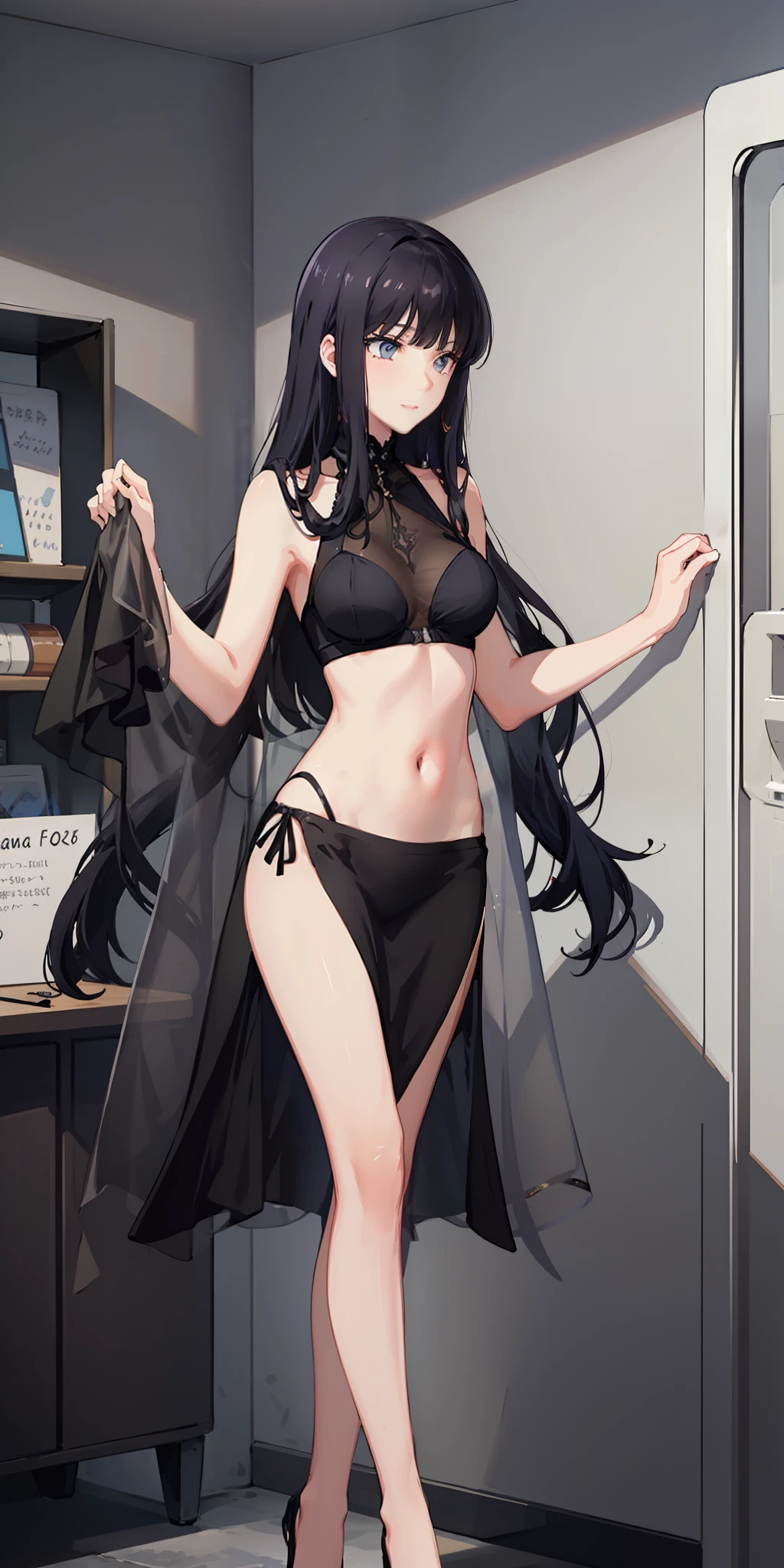 masterpiece, best quality, ultra-detailed, illustration,1girl,
long hair, black hair,
medium breast, gown, slim legs, navel, nervous