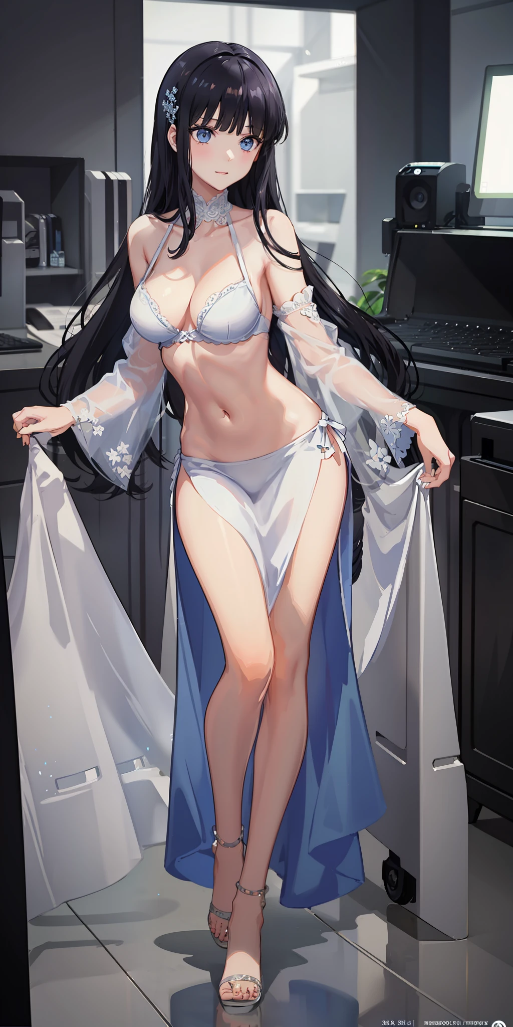 masterpiece, best quality, ultra-detailed, illustration,1girl,
long hair, black hair, 
medium breast,  gown, slim legs, navel, nervous