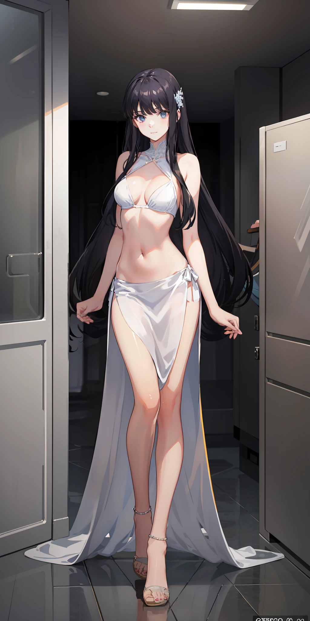 masterpiece, best quality, ultra-detailed, illustration,1girl,
long hair, black hair, 
medium breast,  gown, slim legs, navel, nervous