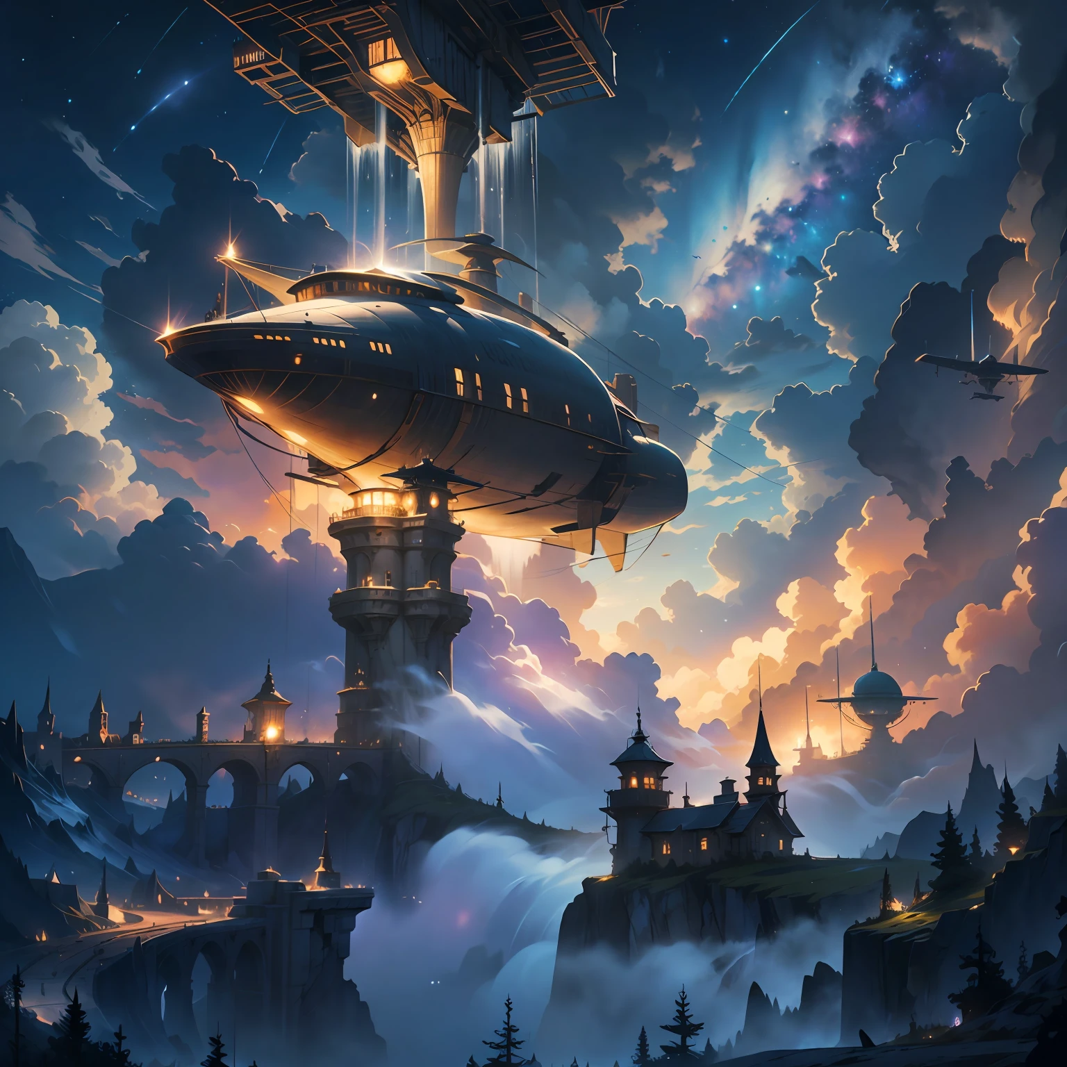 （shrink：1.1），（meteor shower：1.2），（comet：1.1）Low angle，Train on the sea，A planet in the background, 4k highly detailed digital art, 8k stunning artwork, epic dreamlike fantasy landscape, fractal thunder dan mumford, detailed fantasy digital art, 4k detailed digital art, 4K fantasy art, impressive fantasy landscape, epic fantasy digital art style, epic fantasy sci fi illustration，Night theme， Hyperrealistic， high detailed， from below， from below， Hyperrealistic， impressionism， --auto