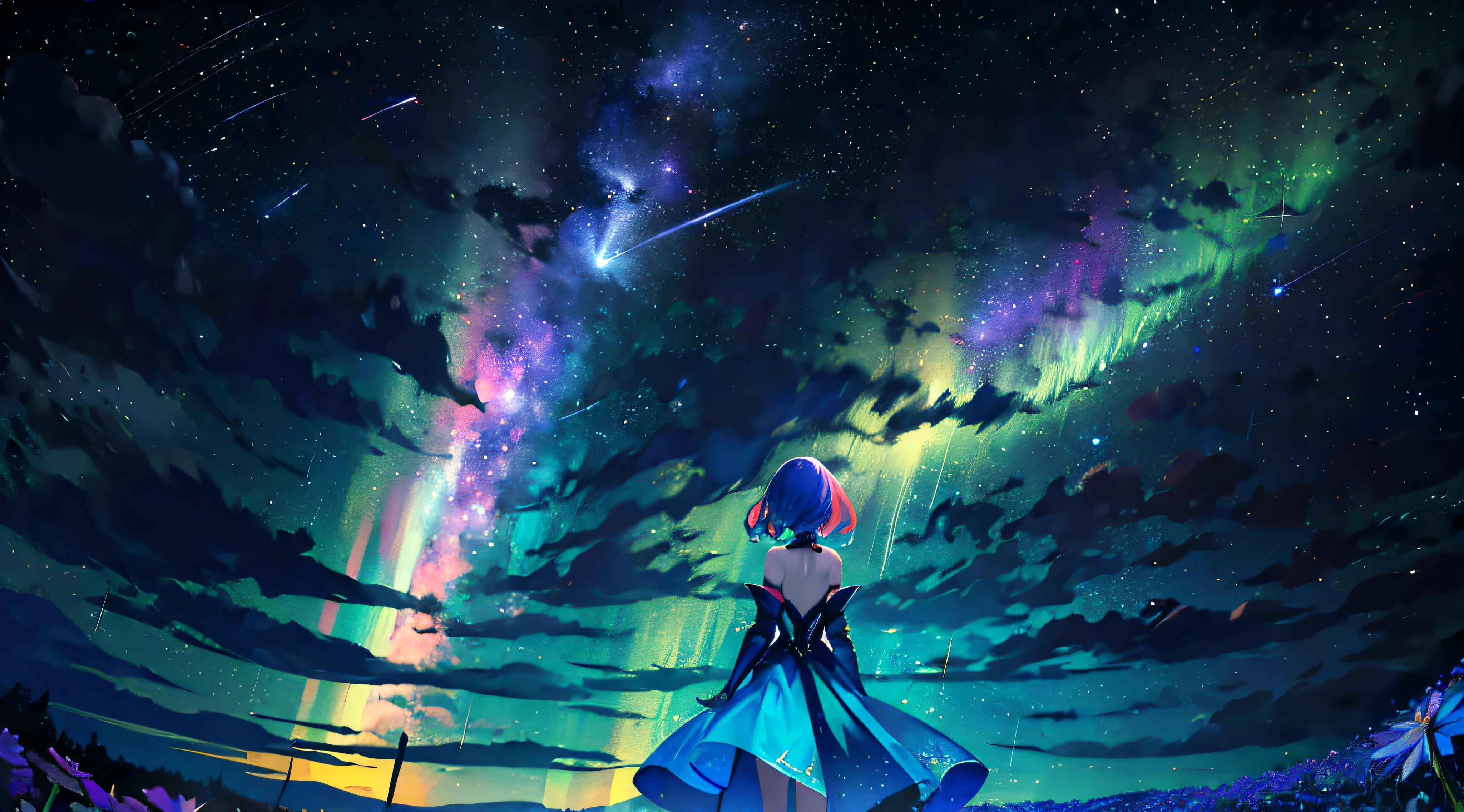 1girl, distant girl, rainbow colored hair, wearing a teal dress armor, staring at the stars, (zoomed out:1.1), (meteor shower:1.2), (comet:1.1), low angle, from behind, aurora borealis, shooting star, surrounded by flowers petals, standing in a field, best quality, masterpiece, cloud, colorful, starry, stars