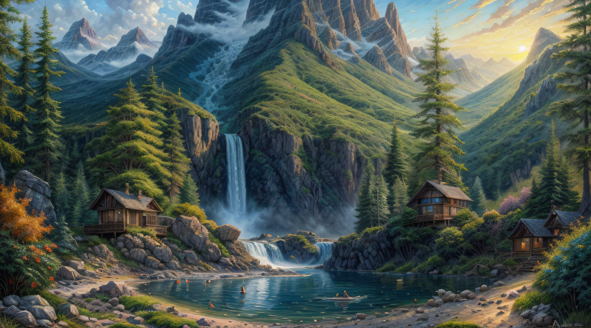 painting of a mountain lake with a waterfall and trees, scenery artwork, detailed painting 4 k, epic surrealism 8k oil painting, mountain sunrise, highly detailed 4 k painting, inspired by the Brothers Hildebrandt, inspired by Brothers Hildebrandt, detailed 4 k oil painting, detailed 4 k painting, dan mumford and albert bierstadt, 8 k hd detailed oil painting