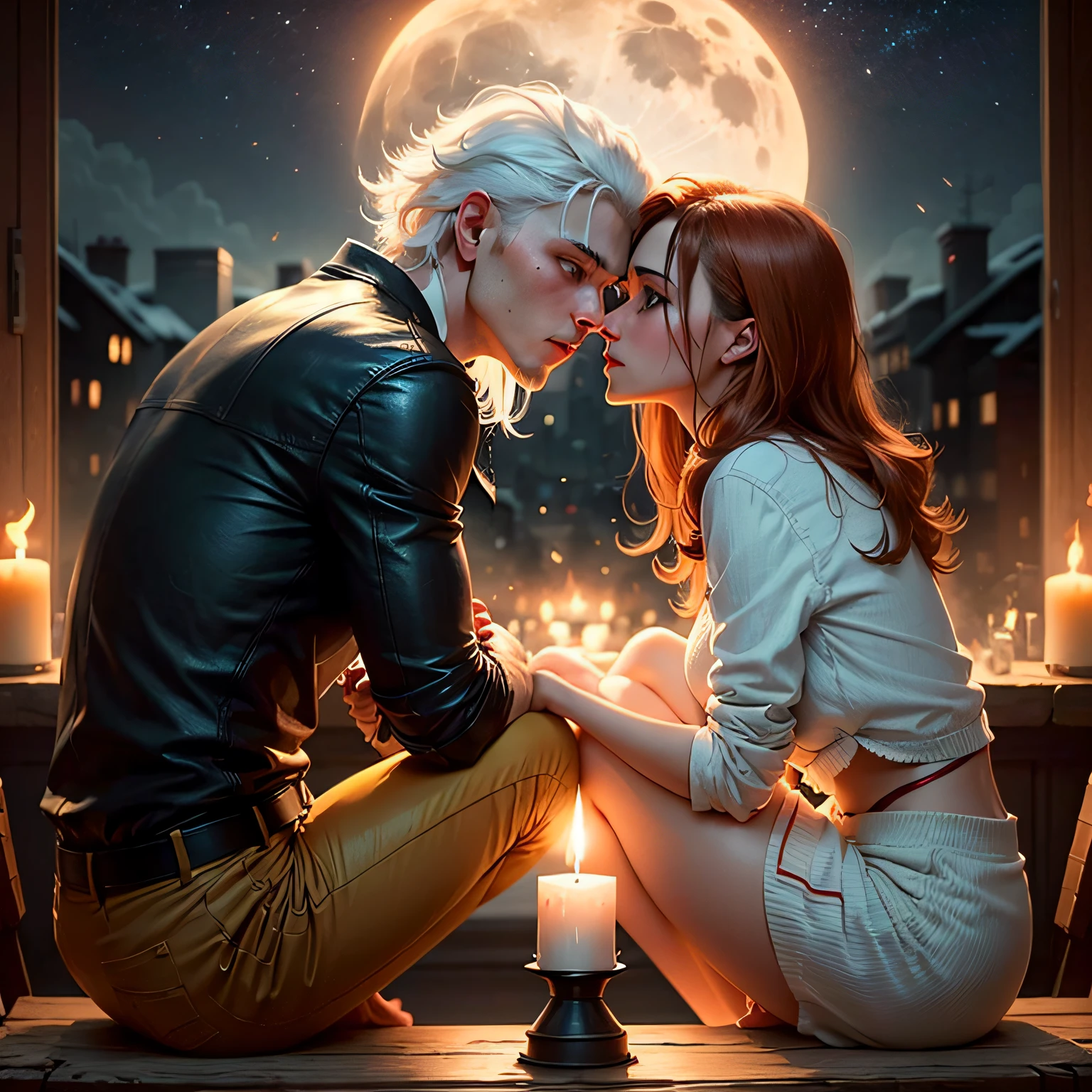 In a world defying norms, a tale of forbidden love unfolds. A young man with white hair and blue eyes, and a young woman with short orange-brown hair and dark red eyes, ignite a profound connection. Their love is concealed, challenged by society. Secret meetings become their refuge, stolen moments of passion. His white hair and blue eyes reflect his uniqueness. Her orange-brown hair and red eyes mirror her fiery spirit. Moonlit skies witness their encounters. Love transcends boundaries, defying expectations. Their bond is unyielding, a testament to resilience. Love prevails, an eternal flame. --auto