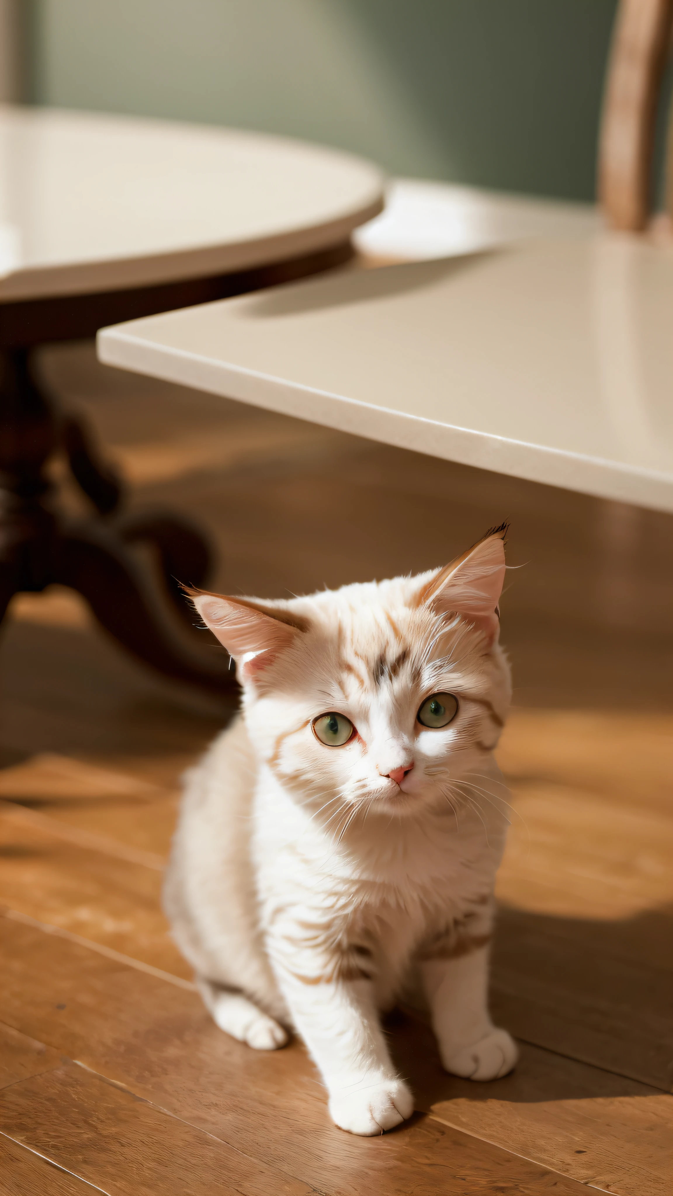 cat, (Himalayan), (small))), has its paws out, 8k, professional photo, delicate, clear, on the table, in the house, sunshine, light leak, masterpiece, ((pretty)))), fashionable teacup, (reality), stuffed, round pupils