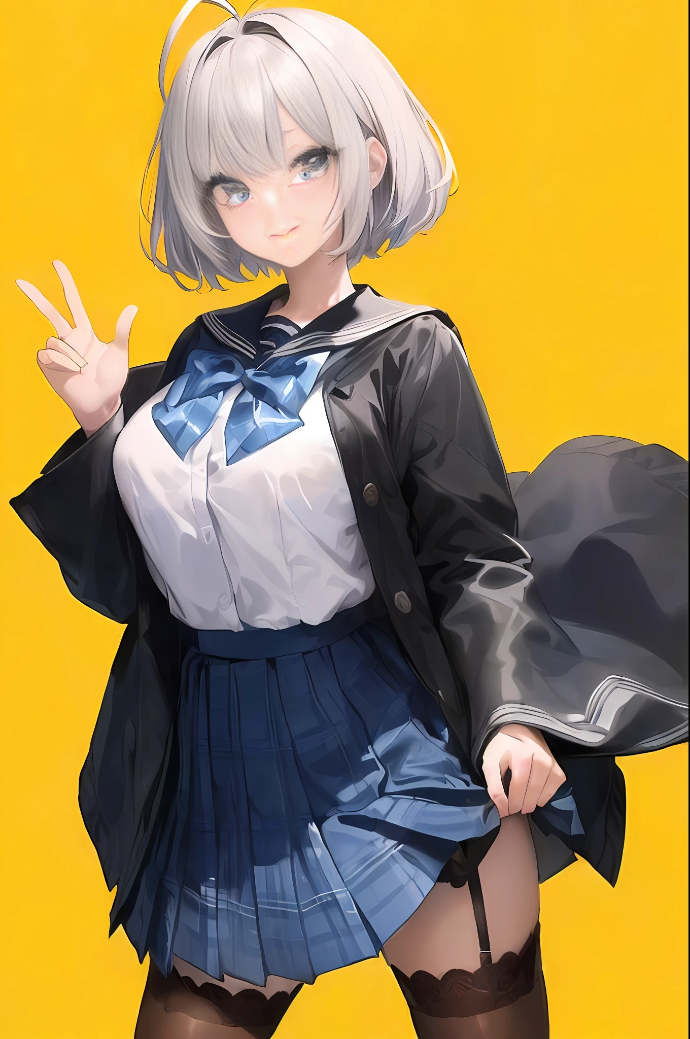 Meisterwerk, (((five fingers))), (correct hand proportions), (gesture), high quality, high resolution, a girl, bust, silver-white hair, gradient hair color, short hair, large dullness, ear covered, clear eyes, blue eyes, ((dotted pupils)), eyes open, looking at the audience, (black lace lingerie), sorrisos, long eyelashes ((high resolution)), ((high quality)), (high quality))), ((big dark blue eyes)) ((thick painting style)), (correct proportions))), (student), quadratic, (Meisterwerk), (short hair), (silvery-white hair), (wave head), (floating hair), crystal clear big eyes, partial bangs, sapphire general eyes, (long eyelashes), detailed eye depiction, ((eye highlights)), gradient hair, fluffy hair, (pupil highlight), gradient pupil color, (fair skin), (shyness), (ultimate depiction is the five senses) , (final depiction is clothes), high school girls, right hands, correct proportions, (perfect body), mini skirt, ((sailor suit), (school uniform), ((high resolution)), uniform (((pure))), ((short hair)), (silver white hair), (oblique bangs), air bangs, ((antenna dull hair 1.2)), ((wave head)), glossy hair, (extremely depicted hair), hair details, bright eyes, (fluffy hair), ((beautiful girl))), mature, Steady, stable, stable, (pupil highlight), (gradient hair), (detailed pupil features)), fair skin, anime, (celluloid style), a girl, (correct proportions), ((blue plaid bow tie))), (contemptuous eyes), ((black lace lingerie)), sexy lingerie, miniskirt, ((pleated skirt)), (blue plaid skirt), solid color background, ((kamisa)), (JK skirt) (extremely depicted facial features), extremely depicted hair, (((high quality))) , (((Meisterwerk)))((Best Quality t)), Ultra Detail, (Illustration Super Detailed), (Rich Detail), (Super Refined), Detailed Depiction, Detailed Rendering, Brilliant Colors, (Perfect Figure), Interior Background, (Highlights), (Ultra HD Quality), (Detailed Depiction of Background), (Correct Hand Depiction), ((Eye Highlight)), (Gradient Pupil Color), ((Cute