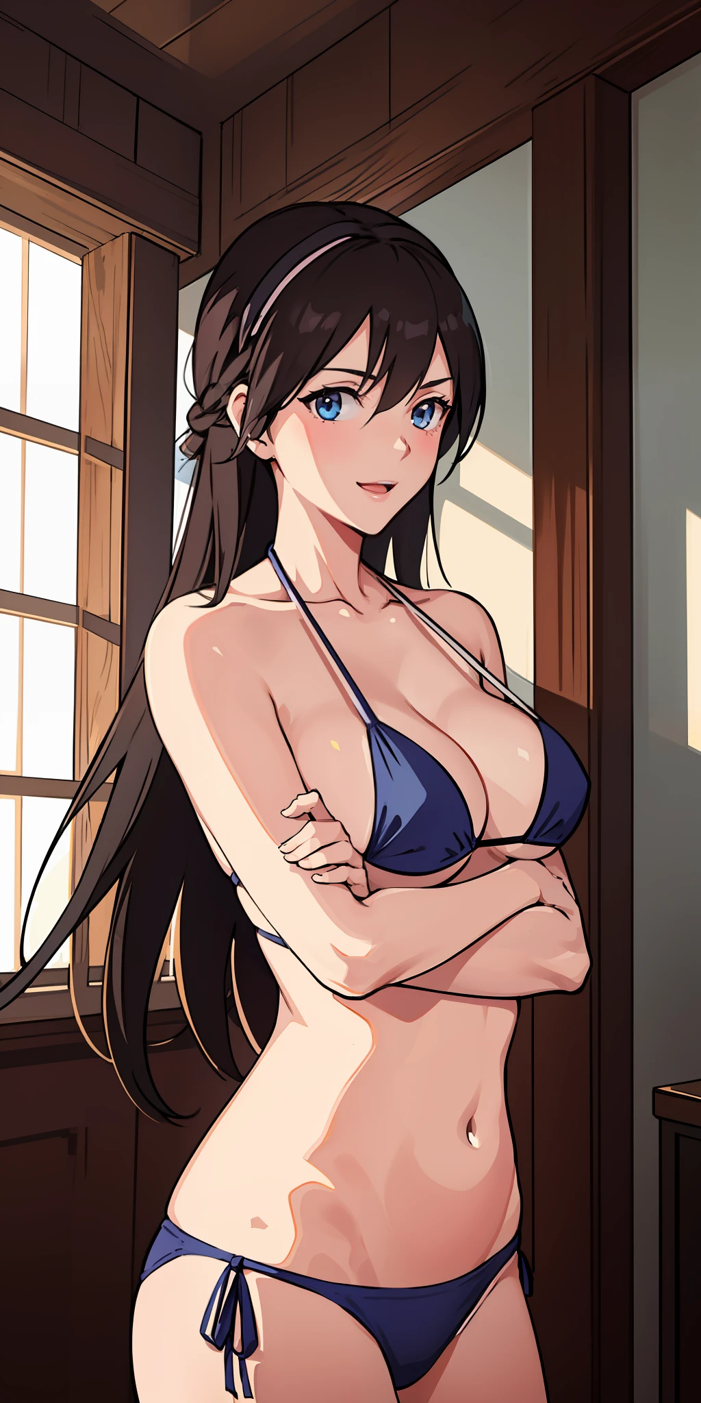 masterpiece, best quality, ultra-detailed, illustration,1girl,
long hair, dark brown hair,
medium breast, side tie bikini, excited,