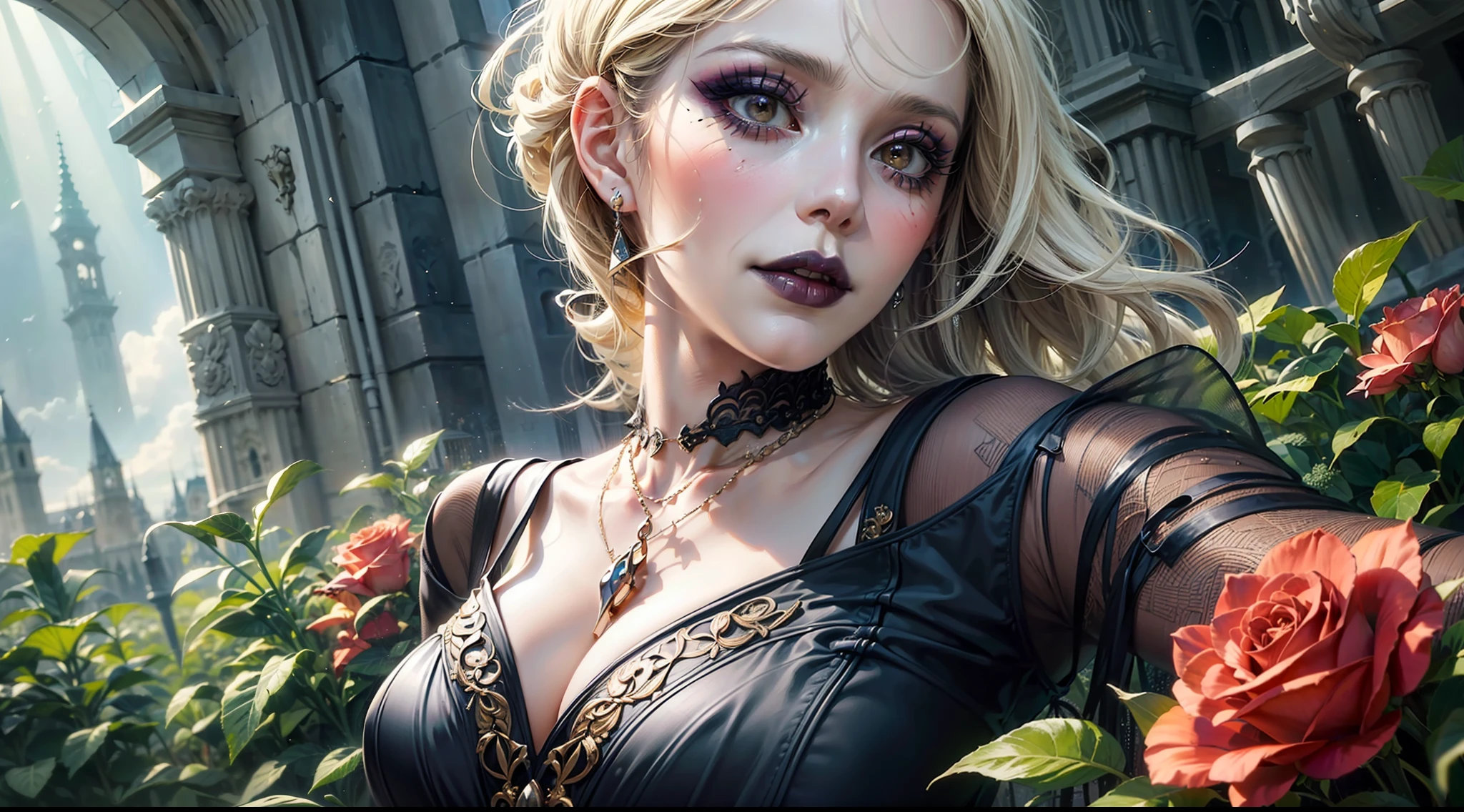 A beautiful (mature_woman:1.8) with long blonde hair in a Gothic dress, holding a sword, (gothic makeup:1.5), morning fog and roses garden, Gothic victorian, Gothic architecture, romantic, regal and mysterious, beautiful lights and colors, sun rays, upper body closeup
