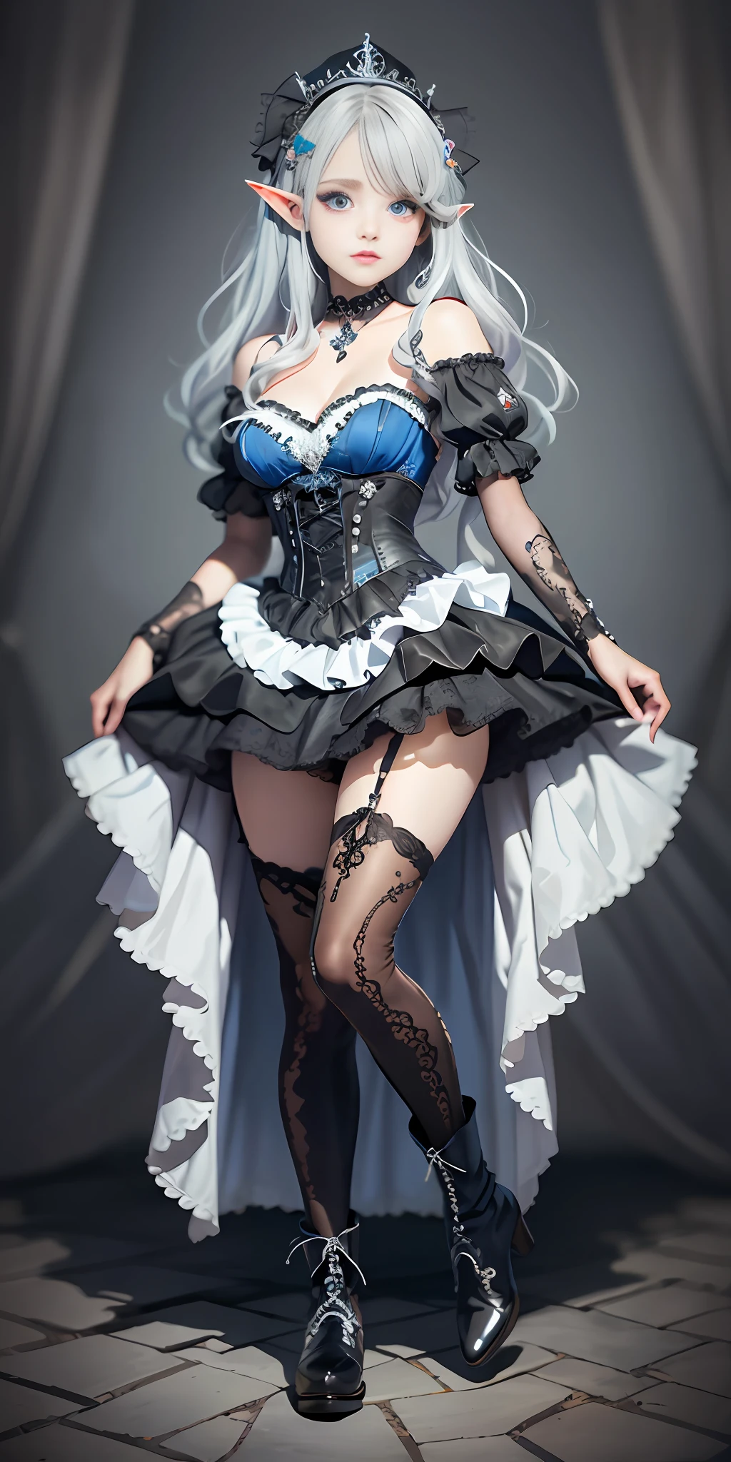 [black:Blue:0.65] topic，master masterpiece，A masterpiece of a mature woman，Detailed visual art，Blue eyes，Makeup，Gothic，Silver hair，Elf ears，hair，collarbone，Royal Queen，Elegance，Gorgeous quinceanera dress，Detailed layered skirt，[Detailed frills:0.1], [Frilled dress:0.1], embroidery, [Detail princess dress:0.1], Bare shoulders, Big tits:1.3, Open crotch, Thigh seams, groin, Long boots，[NSFW|uncensored], (Simple background:1.1) , Low wing,full bodies