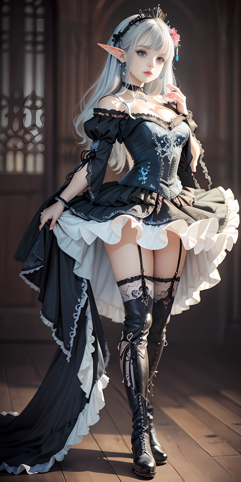 [black:Blue:0.65] topic，master masterpiece，A masterpiece of a mature woman，Detailed visual art，Blue eyes，Makeup，Gothic，Silver hair，Elf ears，hair，collarbone，Royal Queen，Elegance，Gorgeous quinceanera dress，Detailed layered skirt，[Detailed frills:0.1], [Frilled dress:0.1], embroidery, [Detail princess dress:0.1],  shoulders, Big :1.3, Open , Thigh seams, groin, Long boots，[NSFW|uncensored], (Simple background:1.1) , Low wing,full bodies