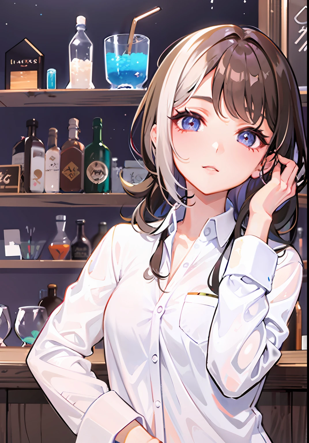 there is a woman that is standing in front of a shelf, ( waitress ) A girl, mysterious coffee shop girl, she has a distant expression, lofi portrait, at a bar, [ digital art ]!!, night color, nighttime, lofi girl, nighttime!!, nighttime, at a bar, wearing lab coat and a blouse, night life
